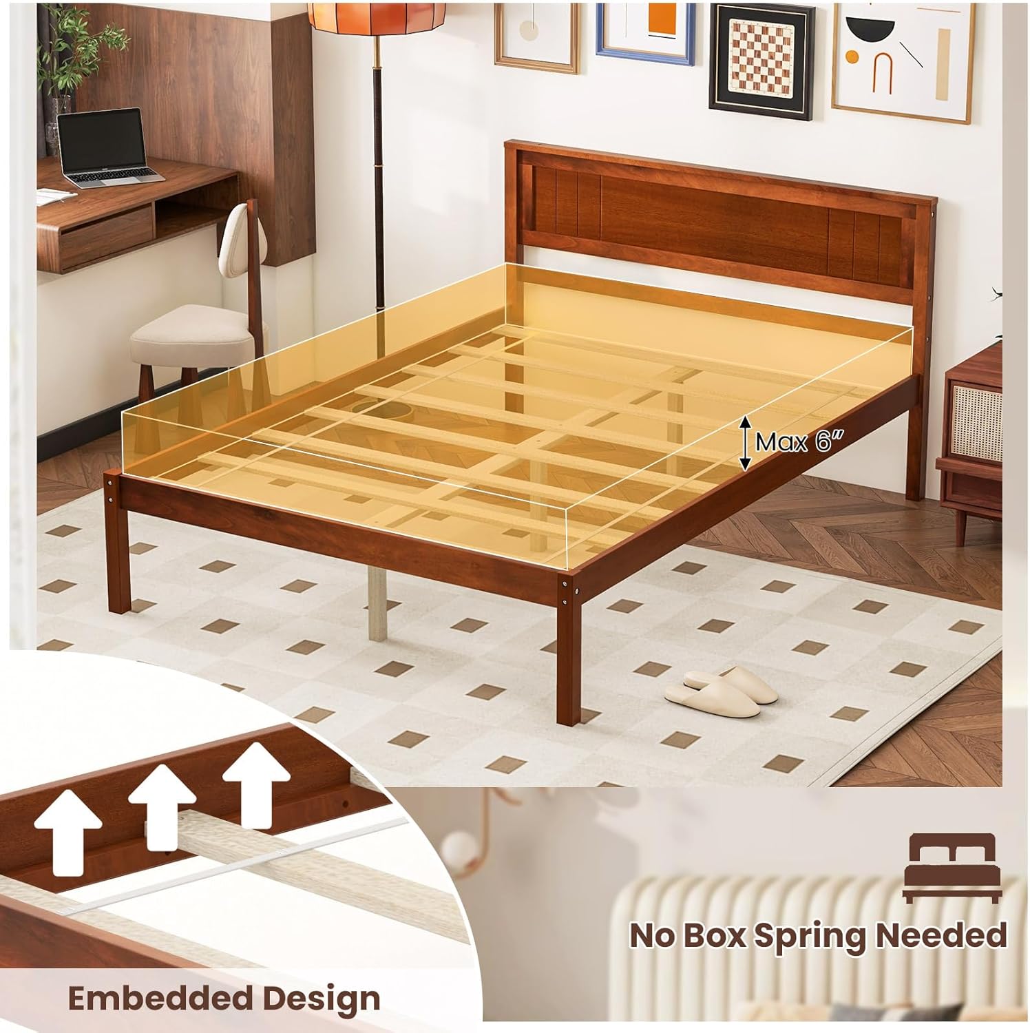 Giantex Full Size Wood Platform Bed with Headboard, Mid Century Solid Wood Full Bed with Slat Support, Double Bed Frame with 16' Under Bed Storage, No Box Spring Needed, Easy Assembly, Walnut