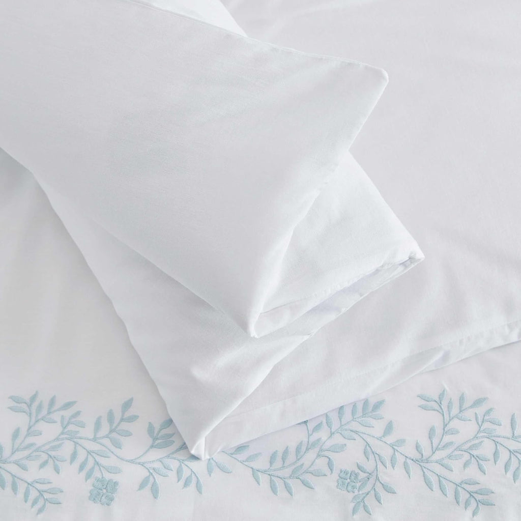 Martha Stewart - Queen Duvet Cover Set, 100% Soft Cotton Bed Set with a Smooth Cotton Percale Reverse, 3 Piece Floral Bedding with Matching Pillowcases (Garden Path Embroidery Blue)
