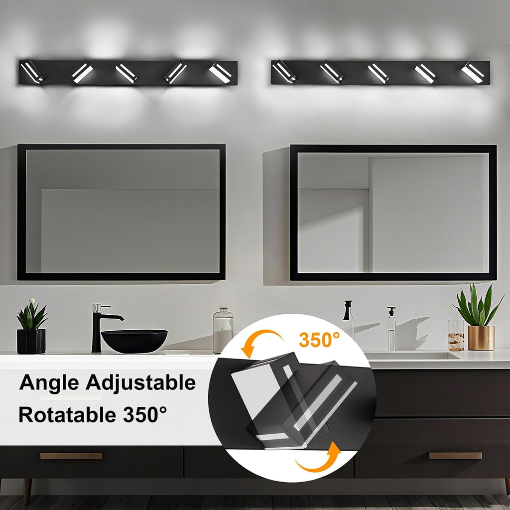 LED Modern Bathroom Light Fixtures, 5-Light 40-Inch Matte Black Vanity Lights for Bathroom Lighting Fixtures Over Mirror, 6000K Cool White 350° Rotatable Wall Lamp