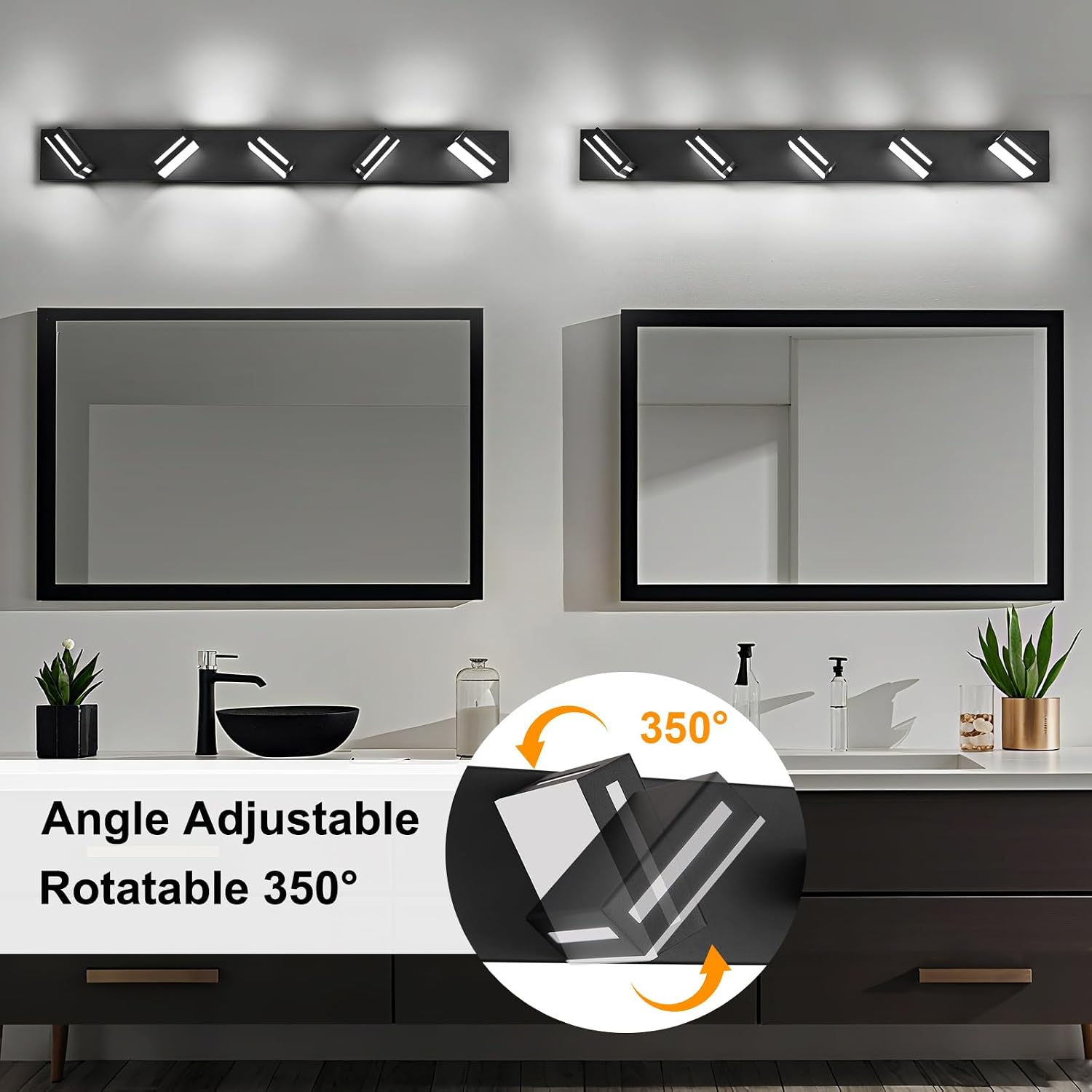 LED Modern Bathroom Light Fixtures, 5-Light 40-Inch Matte Black Vanity Lights for Bathroom Lighting Fixtures Over Mirror, 6000K Cool White 350° Rotatable Wall Lamp