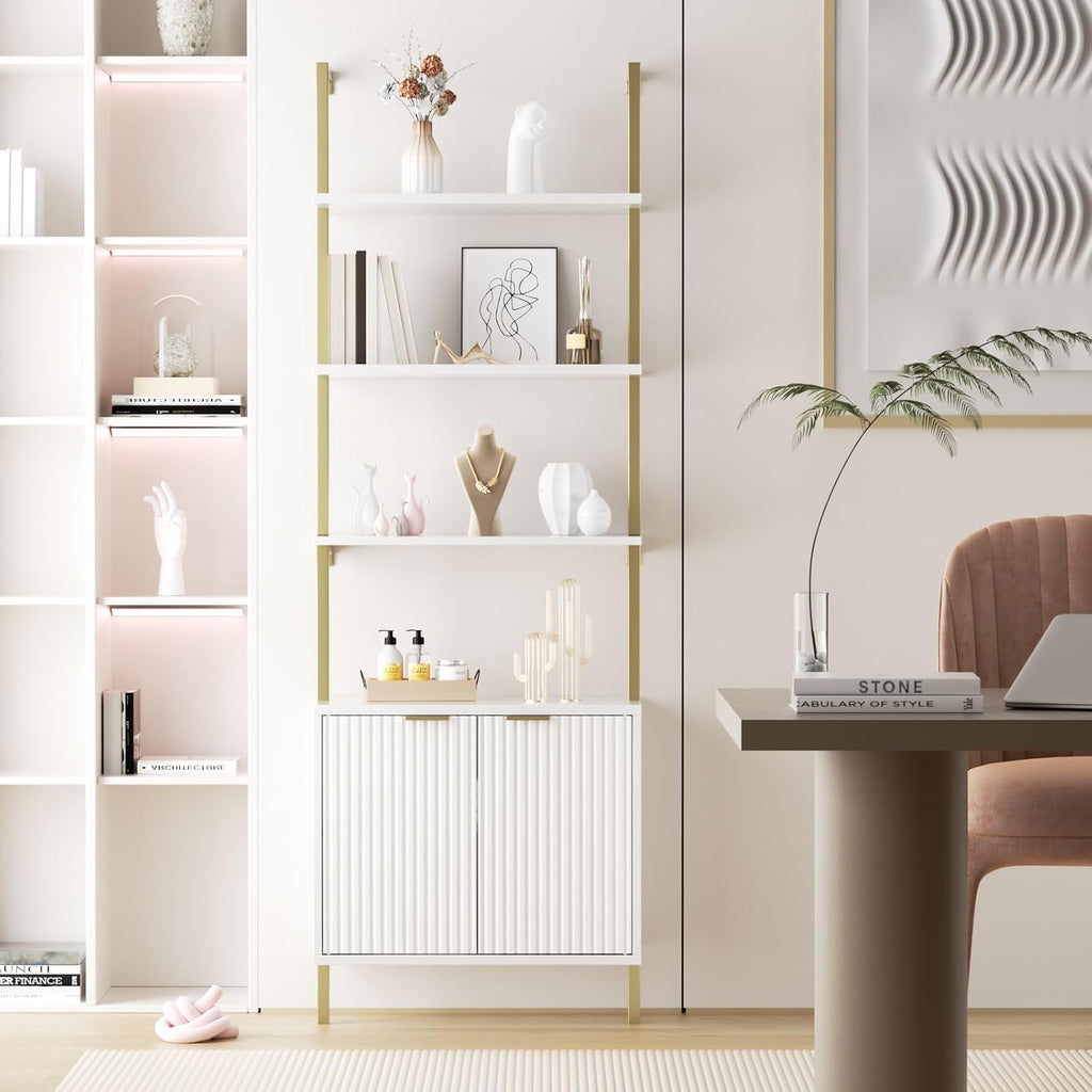 3 Tier White & Gold Ladder Shelf with Storage Cabinet, Modern Ladder Bookshelf with Doors, Wall Mount Bookcase with Metal Frame, Display Shelves for Living Room, Bedroom, Bathroom, Home Office