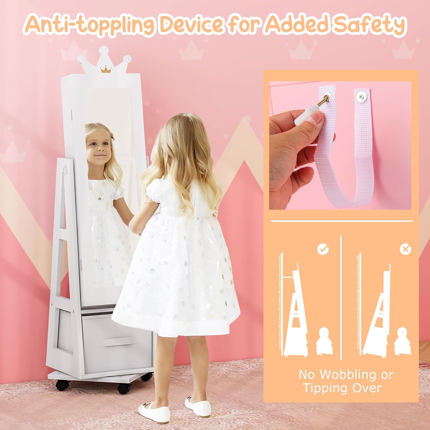 Costzon Kids Vanity & Jewelry Armoire Cabinet, Kids Vanity Table and Chair Set, 360° Swivel Standing Jewelry Organizer with Full-Length Mirror & Wheels, Kids Bedroom Furniture Set for Girls (White)