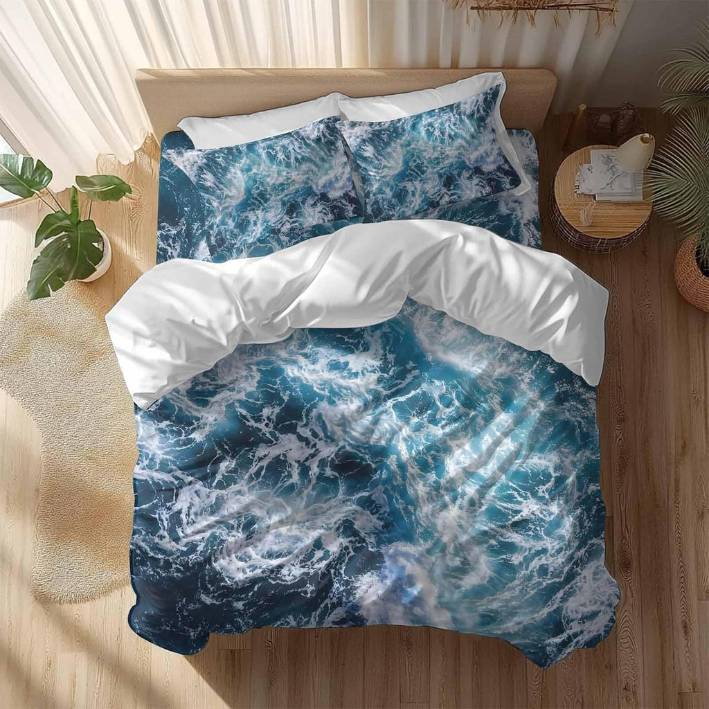 Dark Blue Ocean Scenery Duvet Cover Set Queen Size 4 Pieces Ombre Sea Waves Natural Modern Art Bedding Set with Zipper Closure, 1 Comforter Cover 92x106 Inches 1 Flat Sheet & 2 Pillow Cases