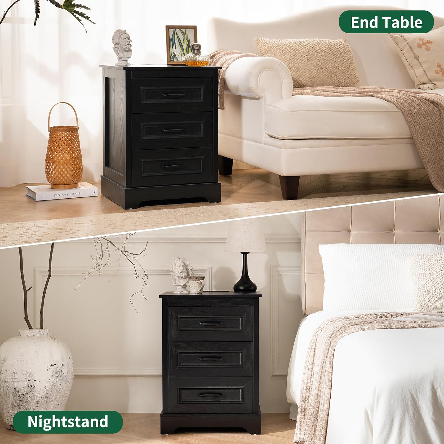 Farmhouse Nightstand with Charging Station- Wood Night Stand Set 2, 3 Drawer Nightstands Set of 2, Bedside Table with Storage, Rustic Night Stands for Bedroom, Closet, 18' Wide, 24' Tall