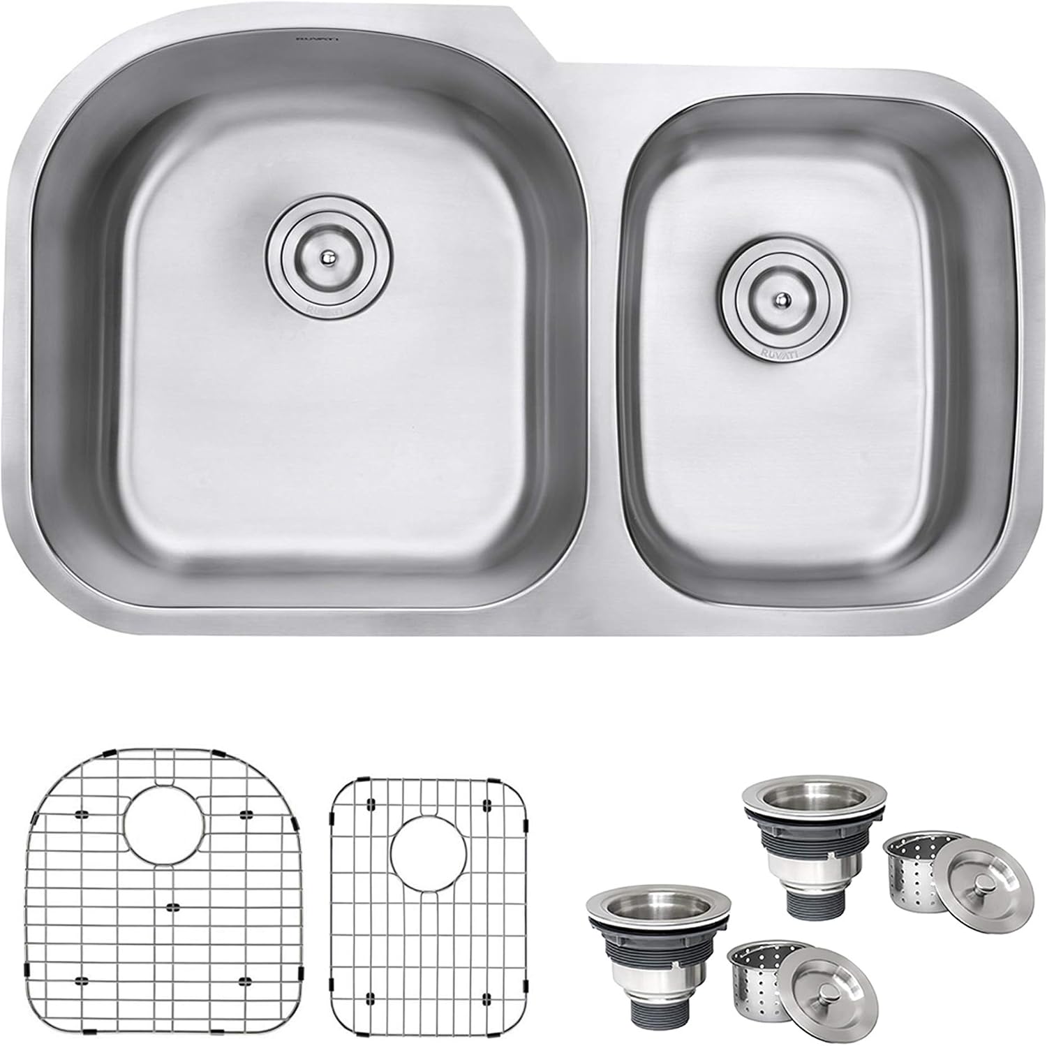 Ruvati 34-Inch Undermount Kitchen Sink – 60/40 Double Bowl Kitchen sink, 16 Gauge T-304 Stainless Steel Kitchen Sinks, Deep Basin Sink, Brushed Finish – RVM4600