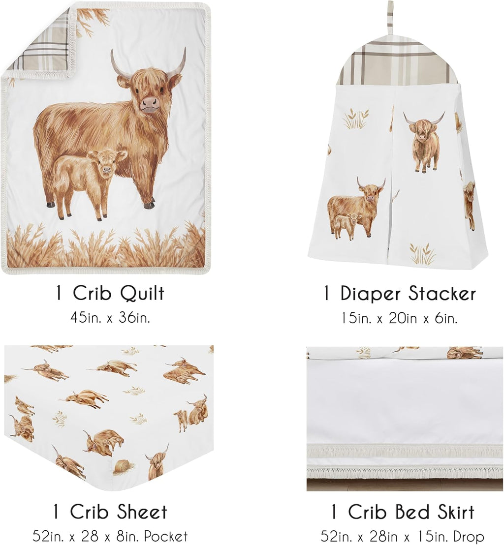 Sweet Jojo Designs 4-Piece Baby Crib Bedding Set (Boho Highland Cow) for Girls/Boys, Infants/Nursery incl. Blanket, Fitted Sheet, Skirt, Diaper Stacker (Taupe Plaid & Farm Animal Watercolor Farmhouse)