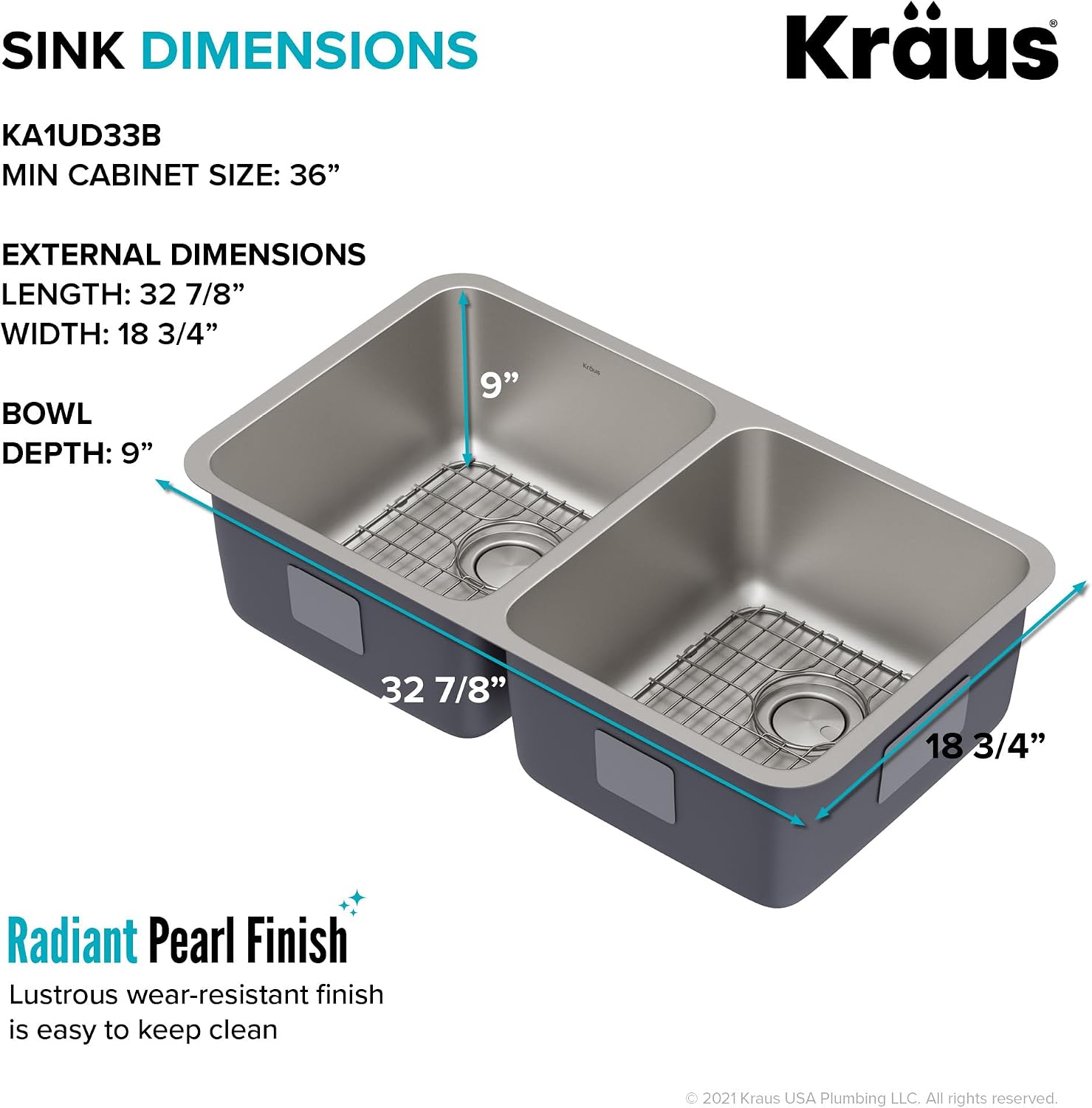KRAUS Dex 33-inch Undermount 16 Gauge Stainless Steel Double Bowl Kitchen Sink, KA1UD33B