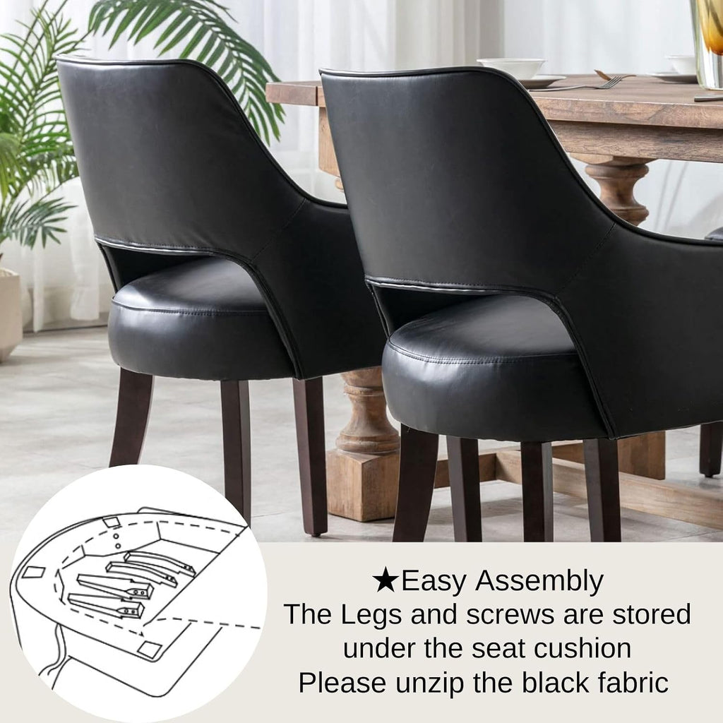PU Leather Dining Chairs Set of 2, Solid Wood Kitchen Chair with Arms, Farmshouse Upholstered Dinner Chairs for Living Room/Dining Room/Bedroom/Restaurant, Black