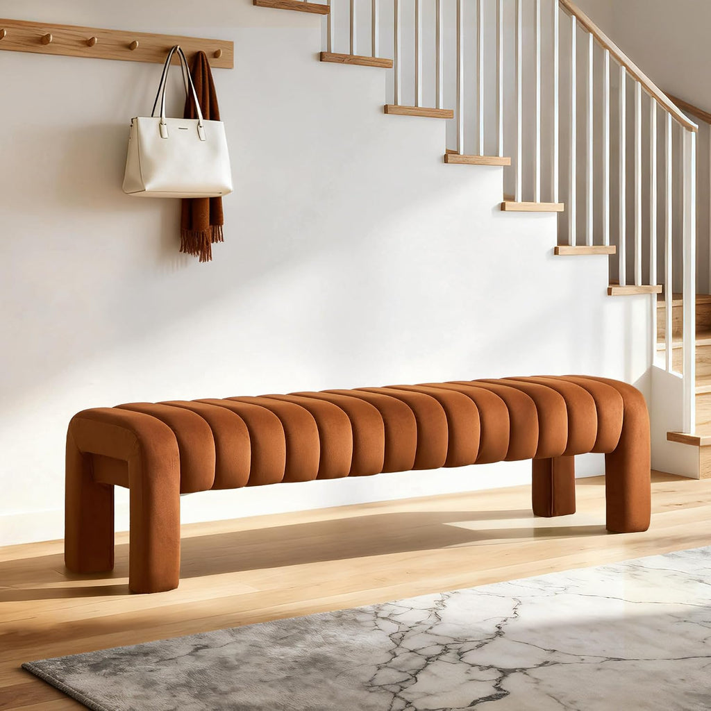 63'' Bedroom Bench, Upholstered End of Bed Bench with Solid Wood Legs, Modern Long Dining Bench with Full Covered Fabrics for Entryway, Bedroom, Living Room (Brown, Velvet)