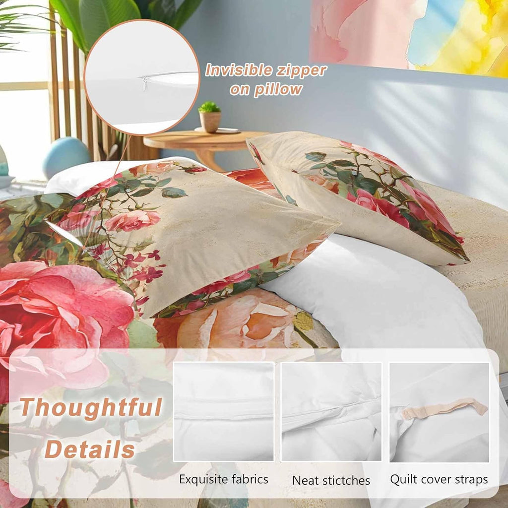 Spring Red Rose Duvet Cover Set Queen Size 4 Pieces Country Watercolor Pink Orange Floral Green Leaf Linen Bedding Set with Zipper Closure, 1 Comforter Cover 90x92 Inches 1 Flat Sheet & 2 Pillow Cases