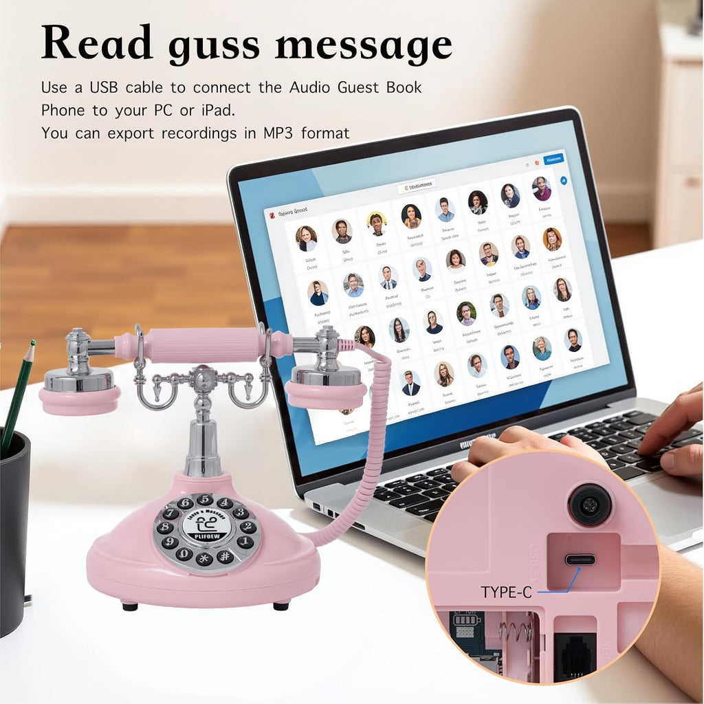 Audio Guest Book Wedding Phone,Audio Guestbook Phone Vintage Style Audio Message Voicemail for Graduation Retirement Party Birthdays Baby Shower Special Occasions (Pink)