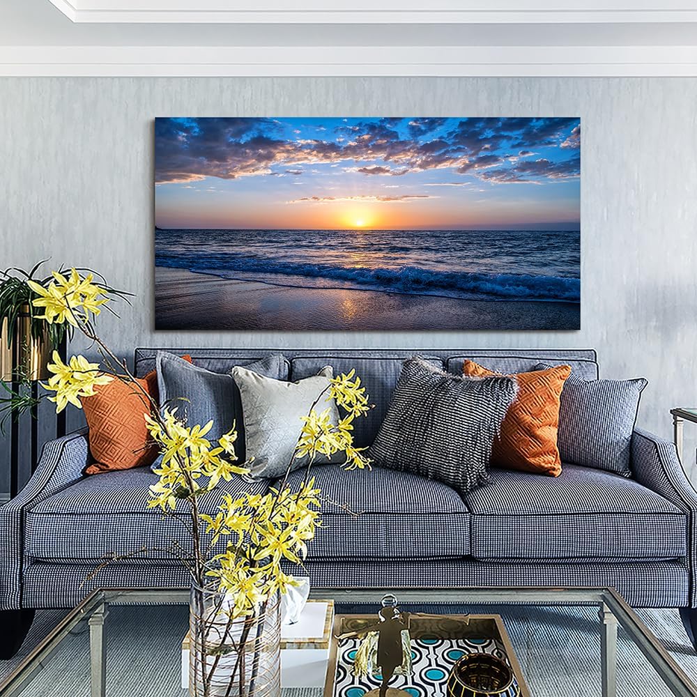 Wapluam Large Canvas Wall Art Sunset Beach Painting Picture Print on Canvas Framed Wall Art for Living Room Wall Decor for Bedroom Modern Coastal Landscape Room Decorations Artwork 60x30 Ready to Hang