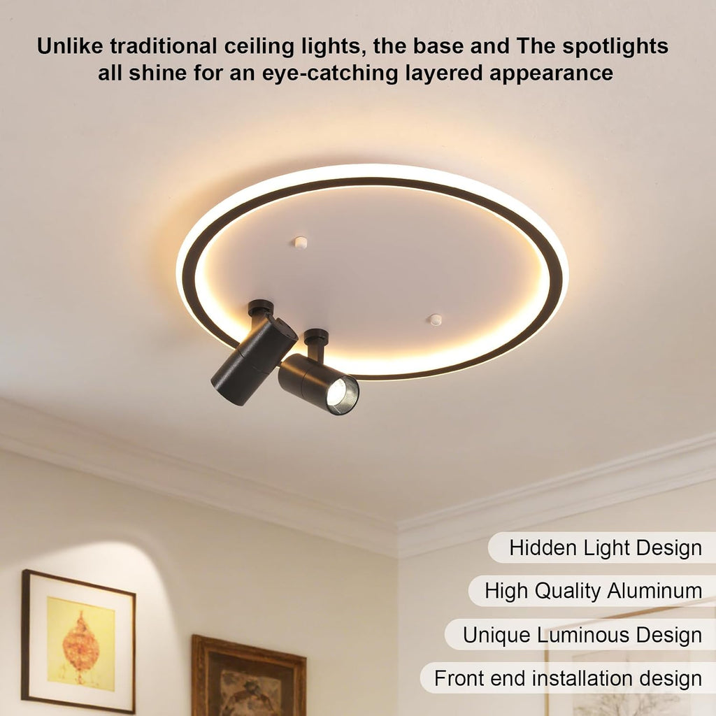 Shine LUEST Modern LED Bedroom Ceiling Light, 2 Adjustable Spotlights, Dimmable Round Close to Ceiling Lamp, Black White Minimalist Lighting for Living Room Bedroom Kitchen Dining Room