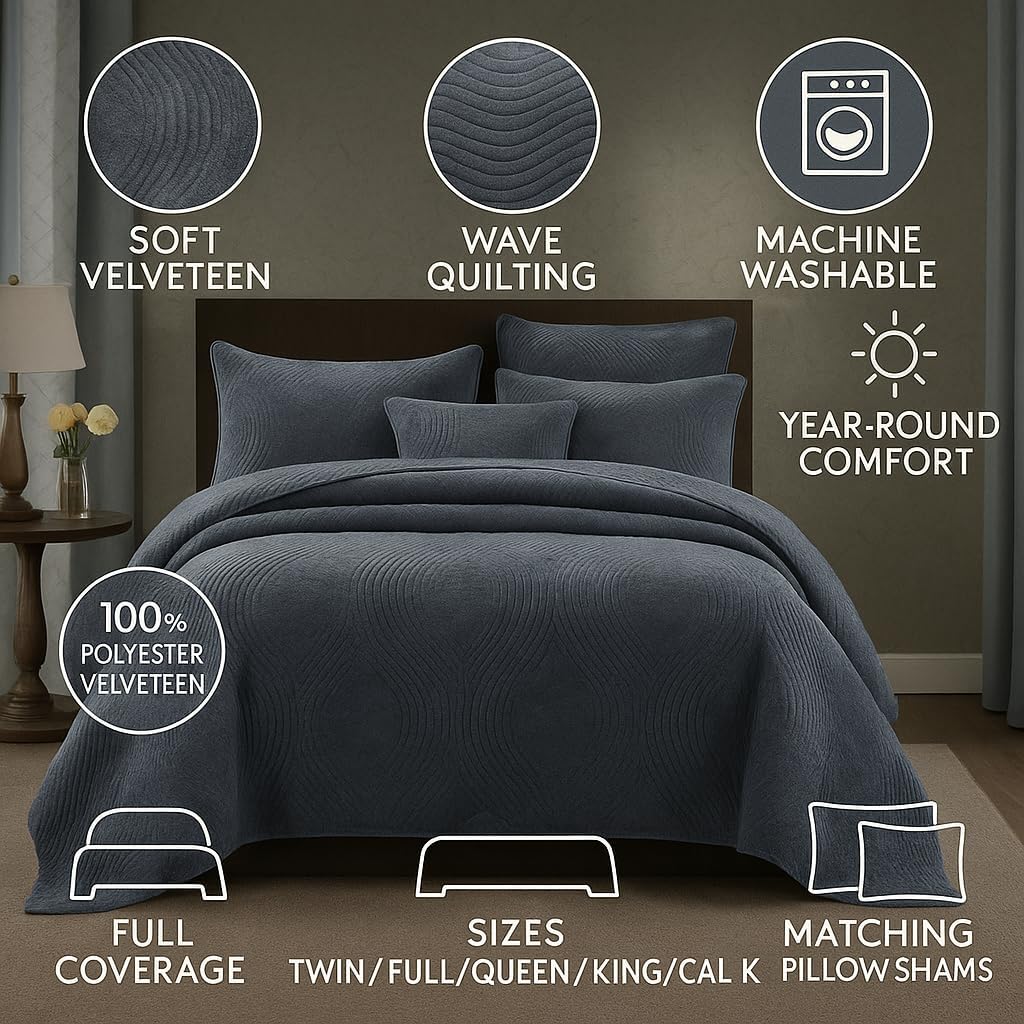 Tache Velvet Dreams Luxurious Velveteen Velour Super Soft Plush Warm Cozy Elegant Ripple Waves Stitch Quilted Coverlet Steel Navy Blue Bedspread Set, Full