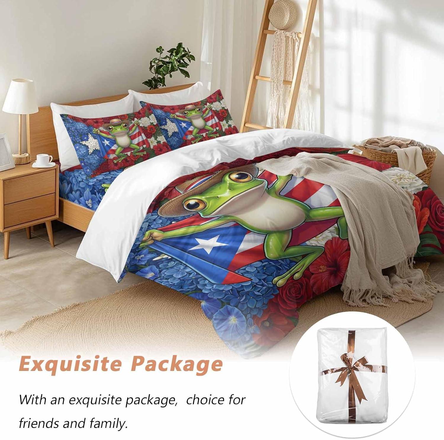 Puerto Rican Duvet Cover Set Queen Size 4 Pieces Flag Themed Watercolor Flowers Cartoon Funny Frog Bedding Set with Zipper Closure, 1 Comforter Cover 92x106 Inches 1 Flat Sheet & 2 Pillow Cases