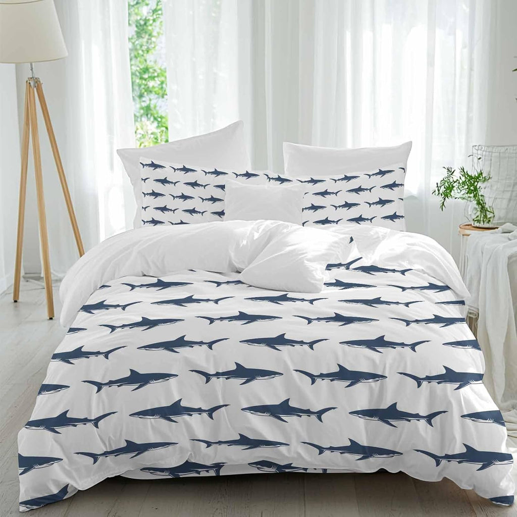 Prime Leader Abstract Sharks Duvet Cover Set Queen Size 4 Pieces Navy Blue Fish Simple Style Ocean Life Bedding Set with Zipper Closure, 1 Comforter Cover 92x106 Inches 1 Flat Sheet & 2 Pillow Cases