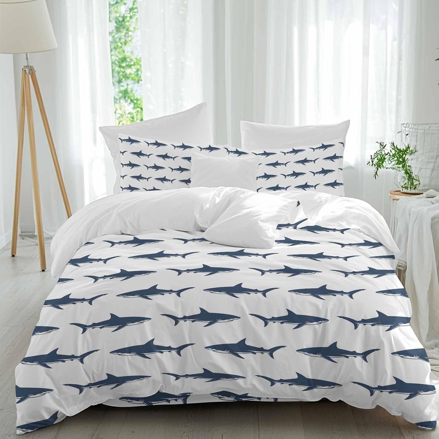 Prime Leader Abstract Sharks Duvet Cover Set Queen Size 4 Pieces Navy Blue Fish Simple Style Ocean Life Bedding Set with Zipper Closure, 1 Comforter Cover 92x106 Inches 1 Flat Sheet & 2 Pillow Cases