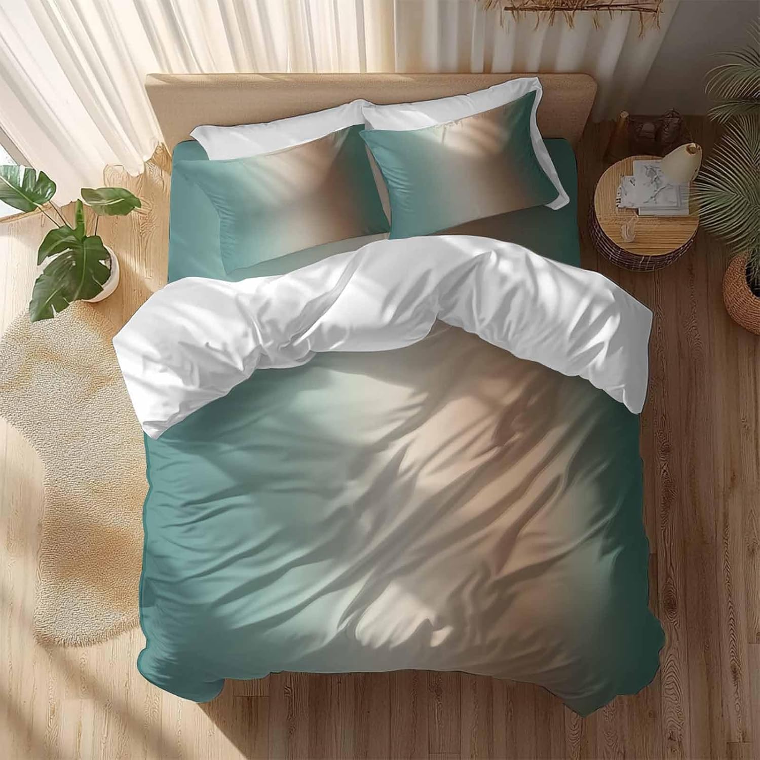 Prime Leader Gradient Green Duvet Cover Set Queen Size 4 Pieces Modern Minimalist Brown Green Ocean Beach Bedding Set with Zipper Closure, 1 Comforter Cover 90x92 Inches 1 Flat Sheet & 2 Pillow Cases