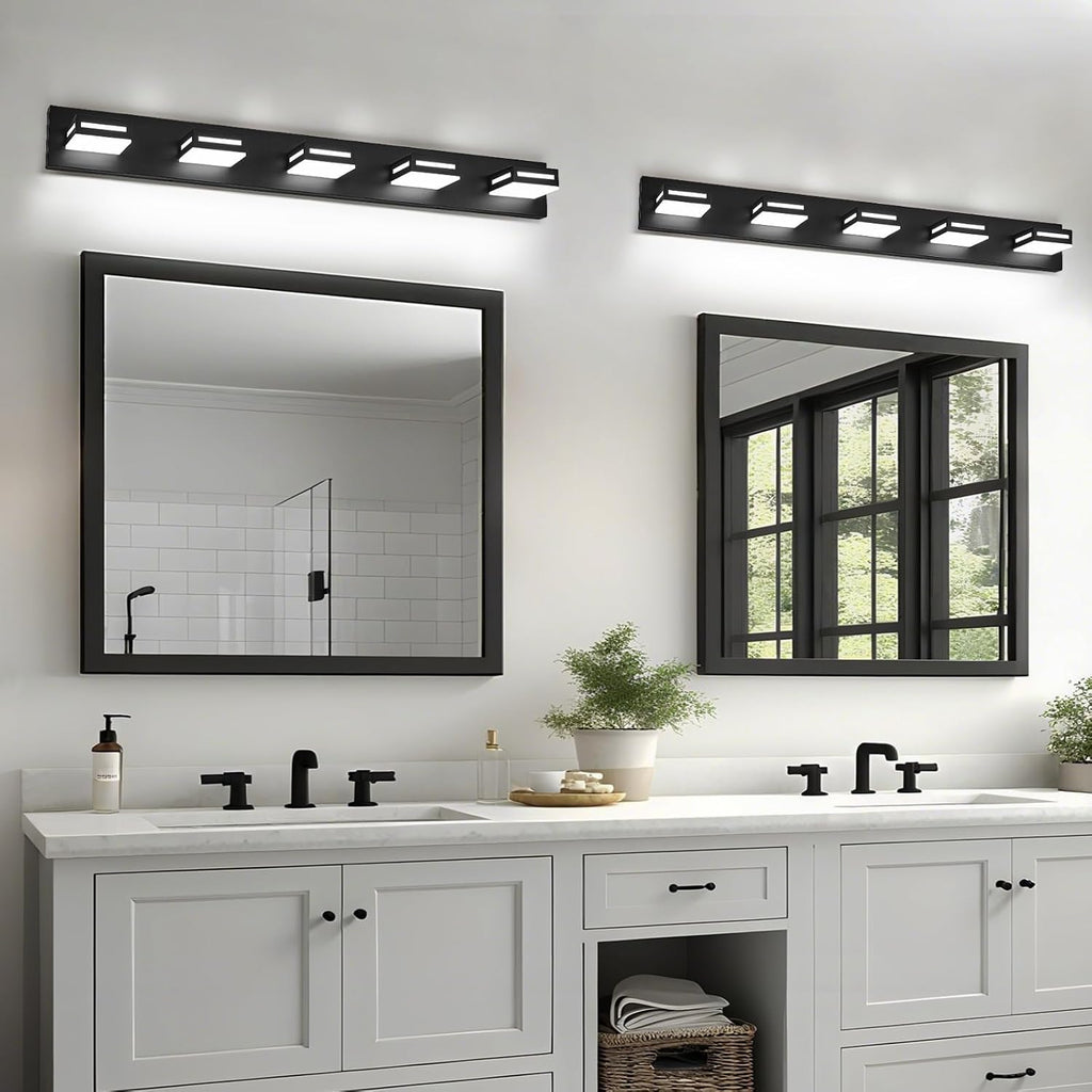 LED Modern Bathroom Light Fixtures, 5-Light 40-Inch Matte Black Vanity Lights for Bathroom Lighting Fixtures Over Mirror, 6000K Cool White 350° Rotatable Wall Lamp