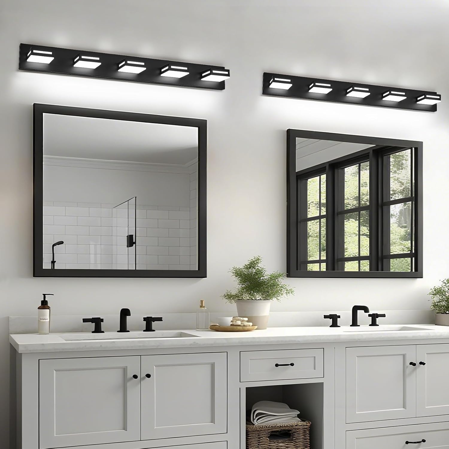 LED Modern Bathroom Light Fixtures, 5-Light 40-Inch Matte Black Vanity Lights for Bathroom Lighting Fixtures Over Mirror, 6000K Cool White 350° Rotatable Wall Lamp