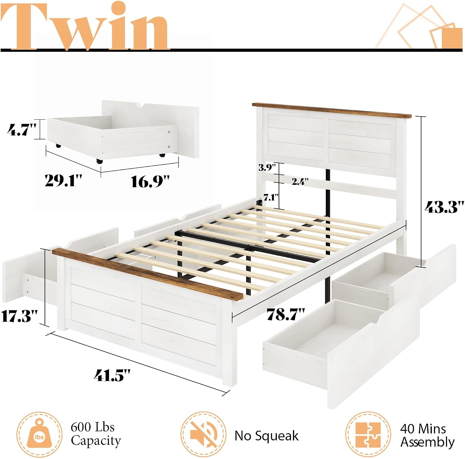 AMERLIFE Twin Bed Frame with Headboard, Platform Beds with 4 Storage Drawers, Wood Slats Support, Wood Bed Frame for Bedroom, White