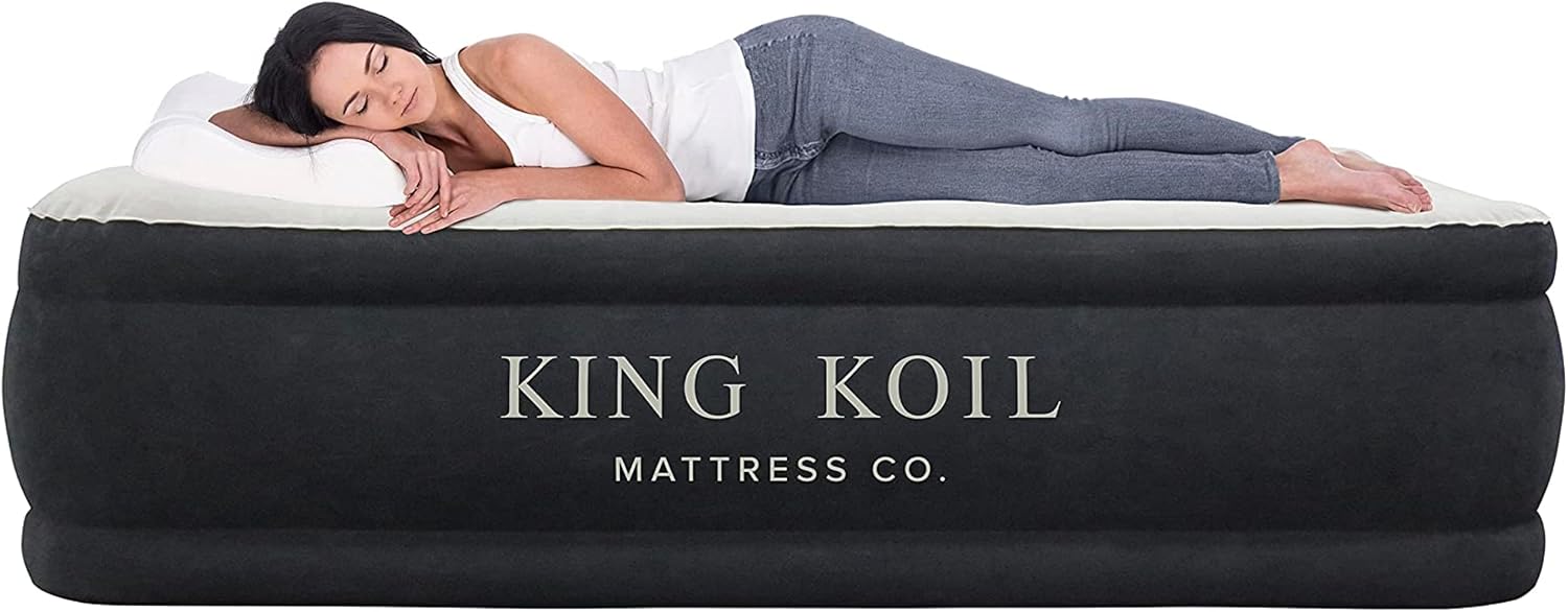 King Koil Full Size Plush Pillow Top Inflatable Air Mattress with Built-in Pump High-Speed Pump for Home, Camping, Guests, Luxury Double High Adjustable Blow Up Bed, Waterproof, 1-Year Warranty.