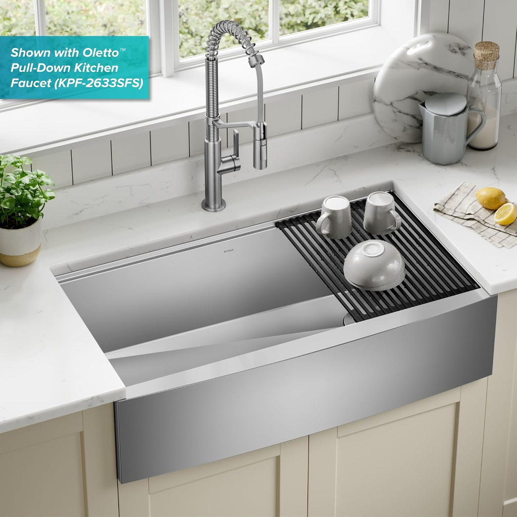KRAUS Kore 36-Inch Farmhouse Workstation 16 Gauge Single Bowl Stainless Steel Kitchen Sink with Accessories, KWF210-36
