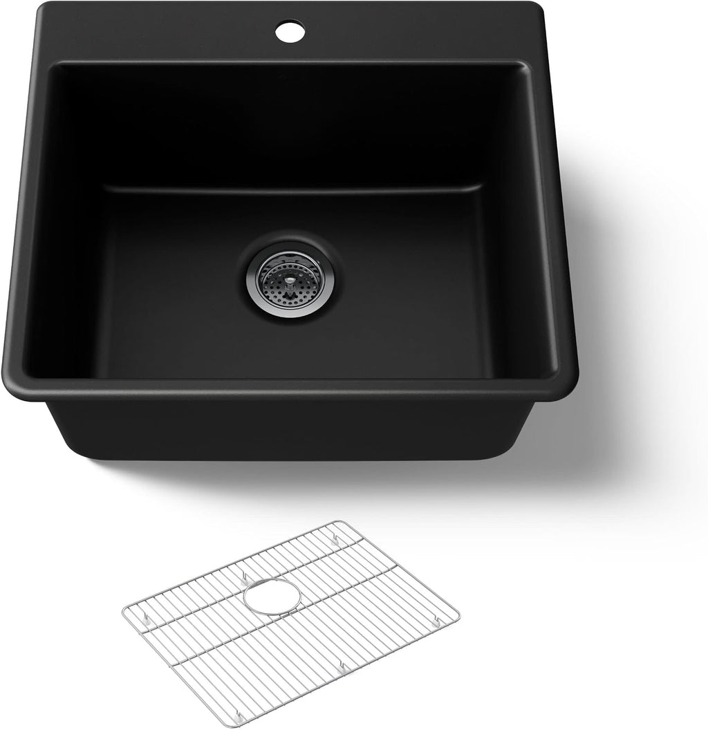 KOHLER 28003-1-CM1 Kennon® 25' Top-/Undermount Single-Bowl Kitchen Sink, Includes Sink Rack, Matte Black