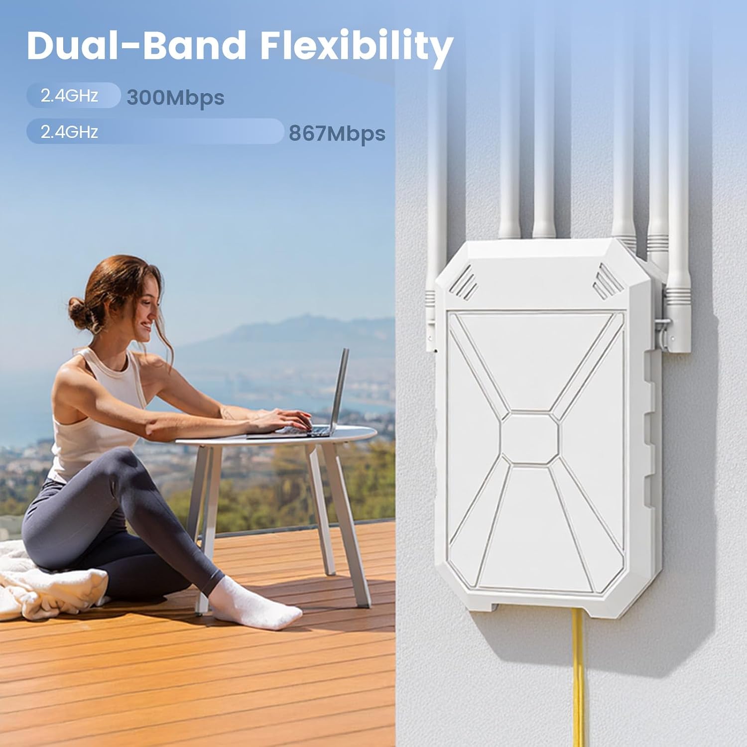 Outdoor WiFi Extender AC1200, Long Range WiFi Booster Signal Booster Outdoor WiFi Access Point, IP67 Weatherproof, Repeater/AP/Router Mode, with PoE, WPA3 Security, for Patio, Starlink, Yard, Farm