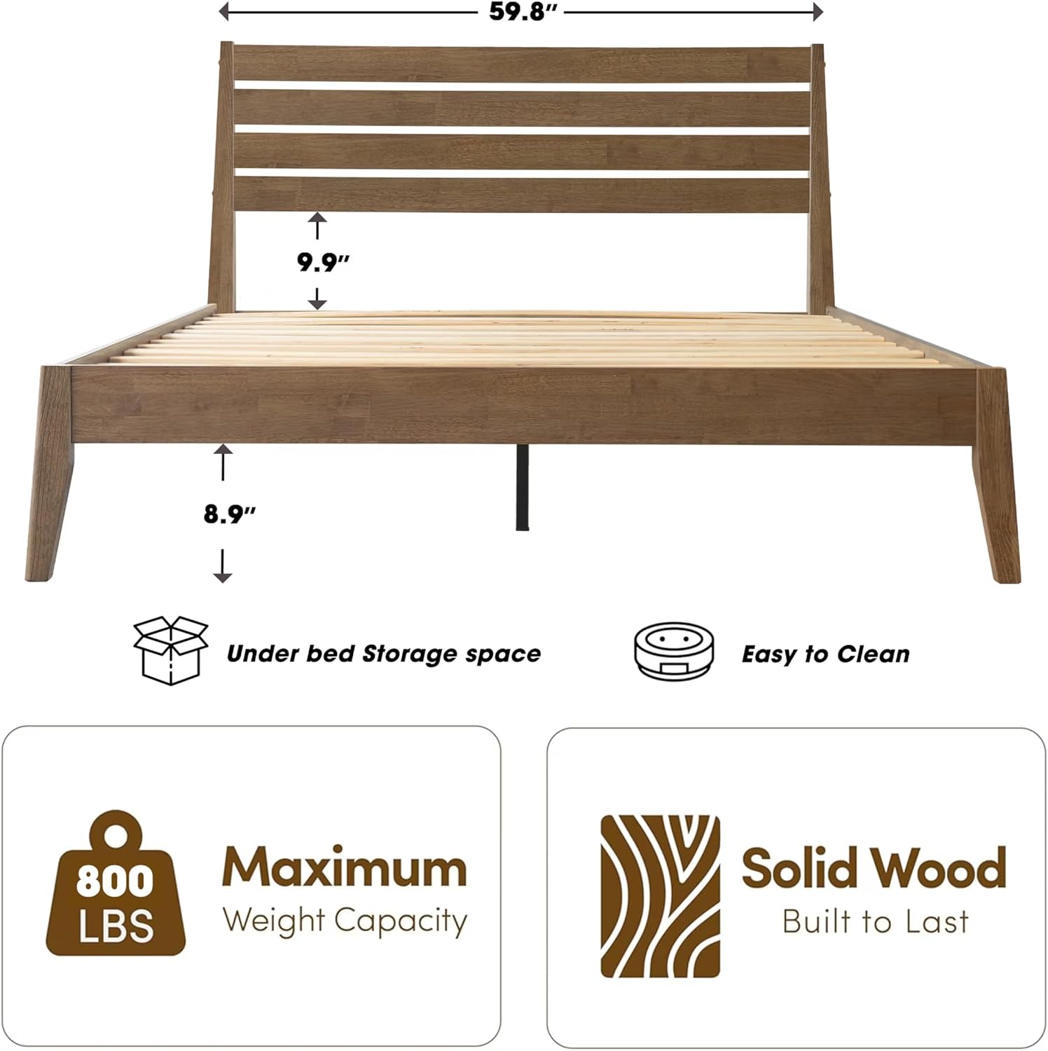Queen Size Bed Frame, Solid Wood Platform Bed with Headboard & Footboard, Center Metal Legs, 12 Strong Slatted Base, No Box Spring Needed, Anti-Noise & Slip-Free Easy Assembly, Barnwood Finish RKQ-30