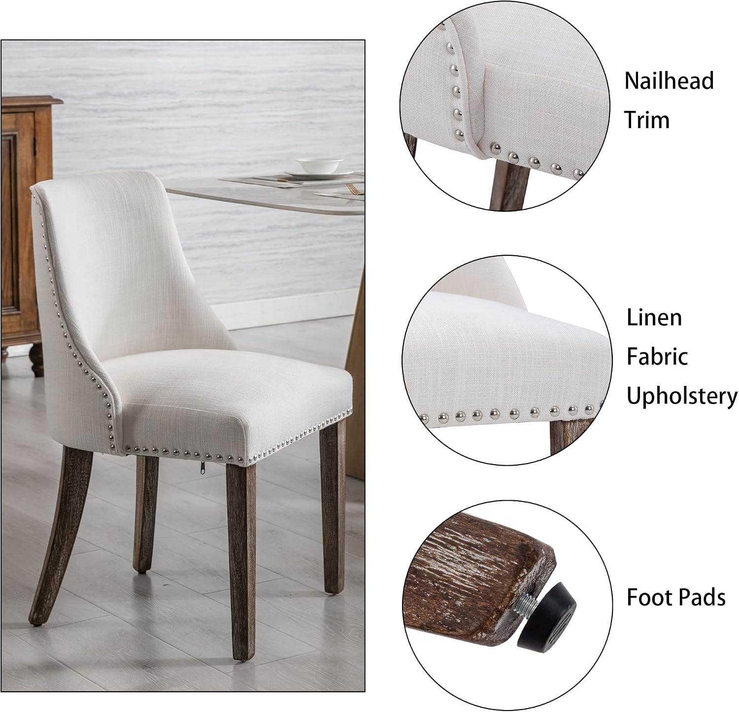 Mid Century Modern Dining Chairs Set of 6 Farmhouse Accent Chairs Upholstered Linen Fabric Side Chair for Living Room/Dining Room/Bedroom, Cream