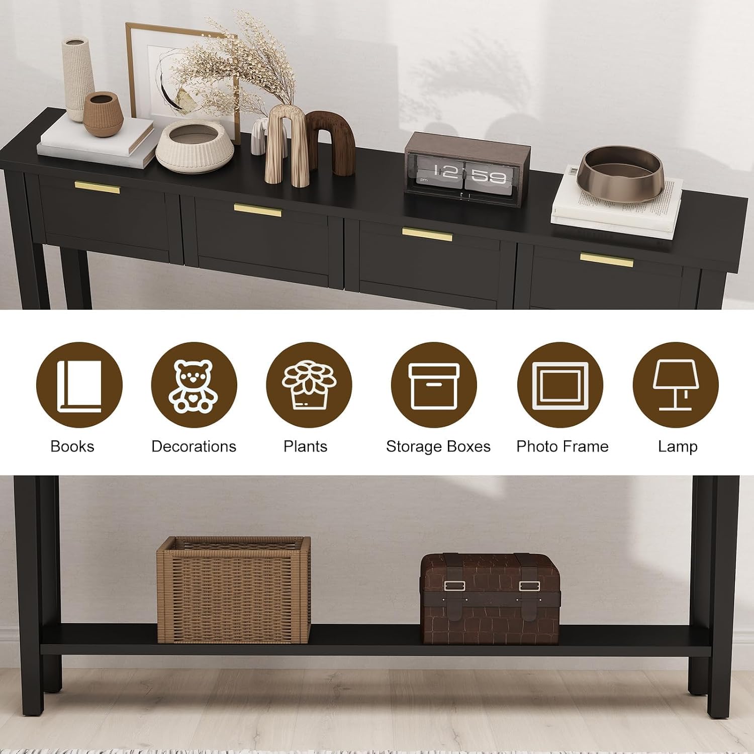 kinbor Long Console Table - 2-Tier Narrow Sofa Table with Open Shelf & 4 Drawers, Modern Narrow Console Table Entryway Table with Storage for Entryway Living Room Bedroom Kitchen, Black