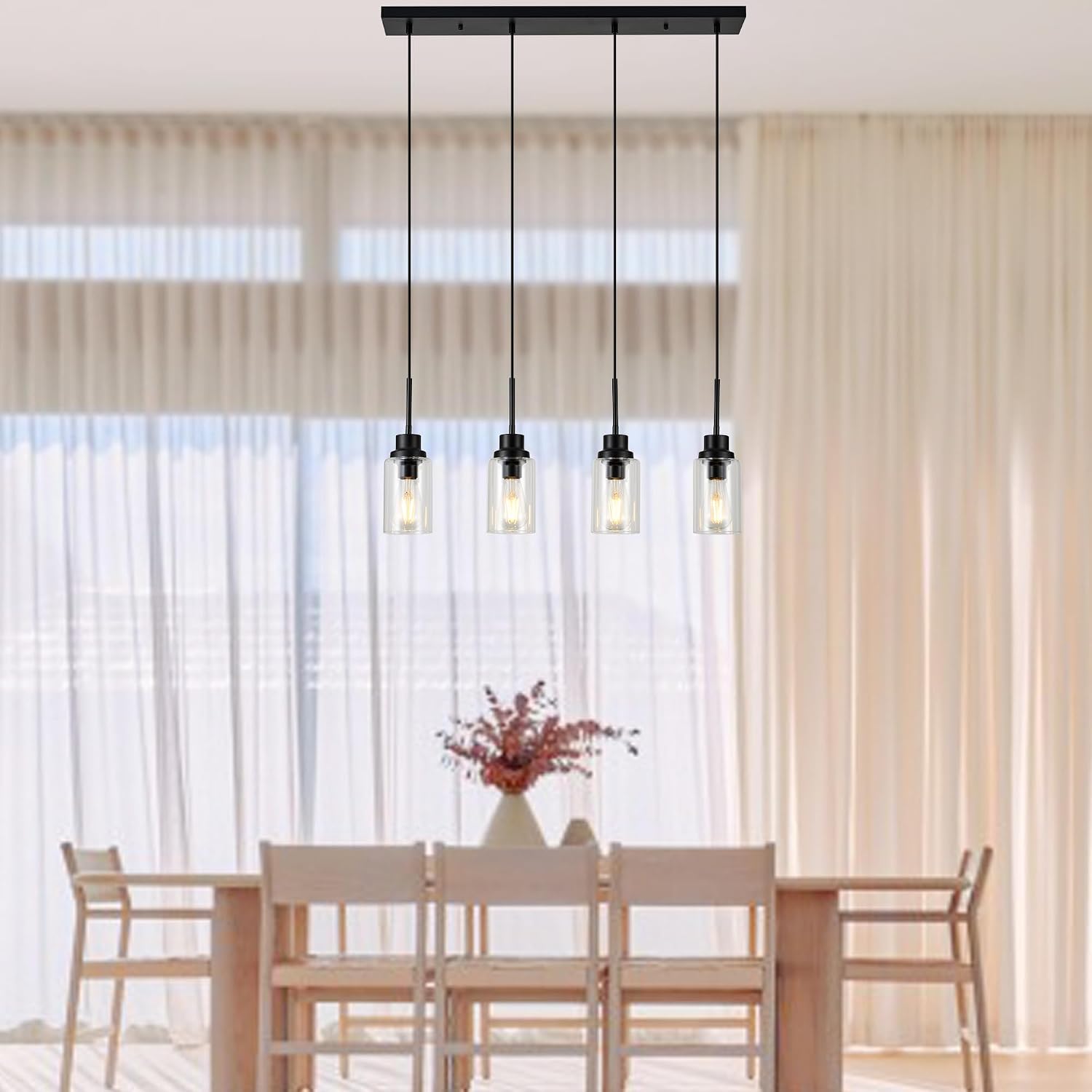 4-Lights Pendant Lighting for Kitchen Island in Black, Ceiling Light Fixtures with Adjustable Hanging Wire & Clear Glass Shades