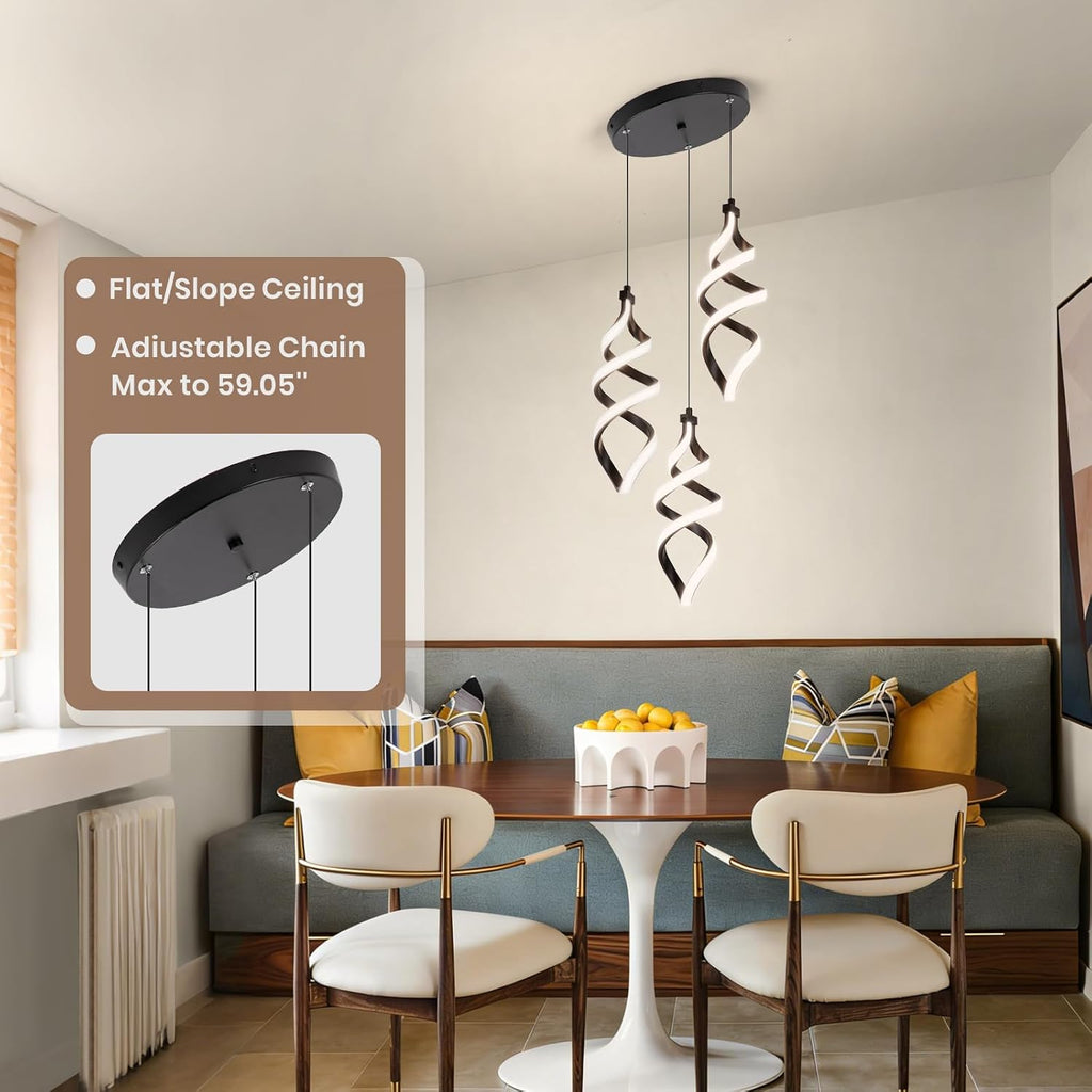 Modern Led Pendant Light Fixture, 45W Black Spiral Led Chandelier Hanging Lamp, 4500K 3 Light Cluster Pendant Lighting, Adjustable Height Pendant Light for Dining Room Bedroom Kitchen Island (3 Light)