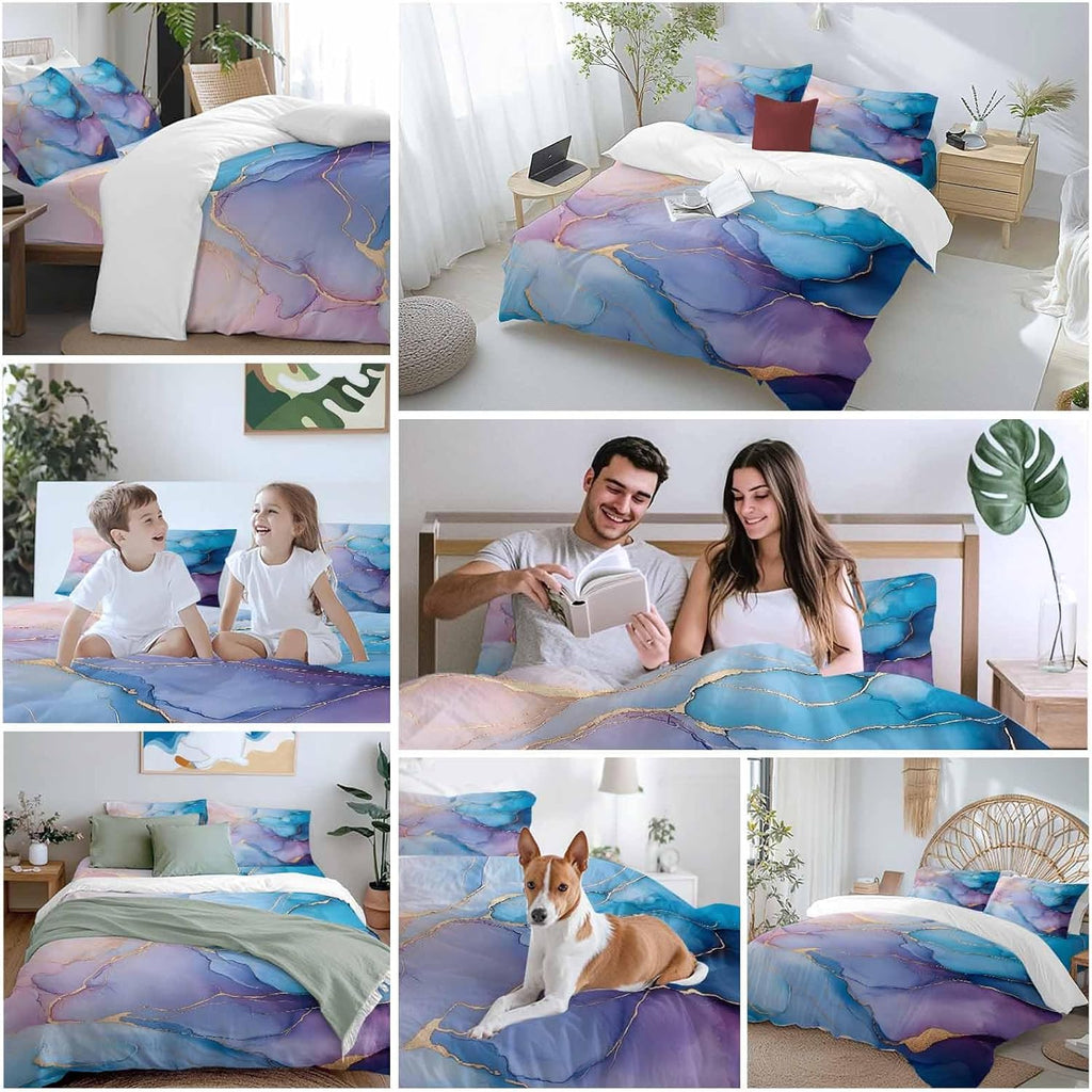 Prime Leader Abstract Impressionist Duvet Cover Set Queen Size 4 Pieces Blue Marble Texture Bedding Set with Zipper Closure, 1 Comforter Cover 92x106 Inches 1 Flat Sheet & 2 Pillow Cases