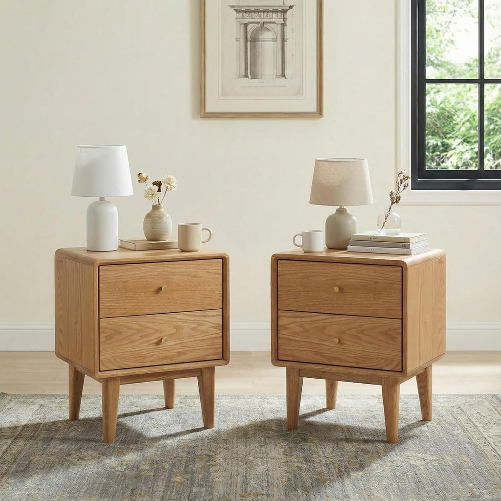 Solid Oak Wood Nightstand Set of 2, Natural Wood Nightstand with 2 Drawers, Mid Century Modern Night Stand, Wood Bedside Table Set of 2, Small Night Stand for Bedroom(19.69' H)