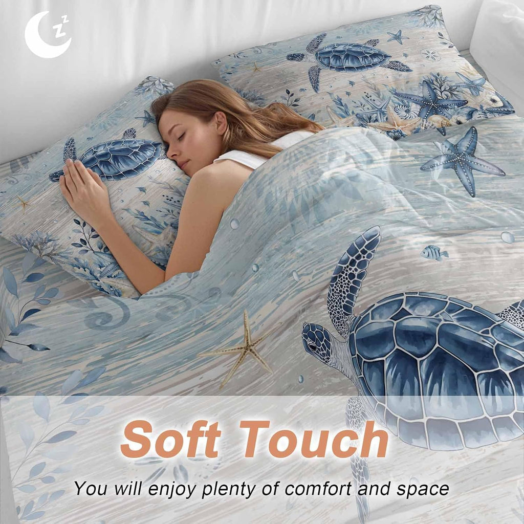 Ocean Turtles Duvet Cover Set Queen Size 4 Pieces Blue Yellow Sea Star Shell Coral Yellow Blue Stripes Bedding Set with Zipper Closure, 1 Comforter Cover 92x106 Inches 1 Flat Sheet & 2 Pillow Cases
