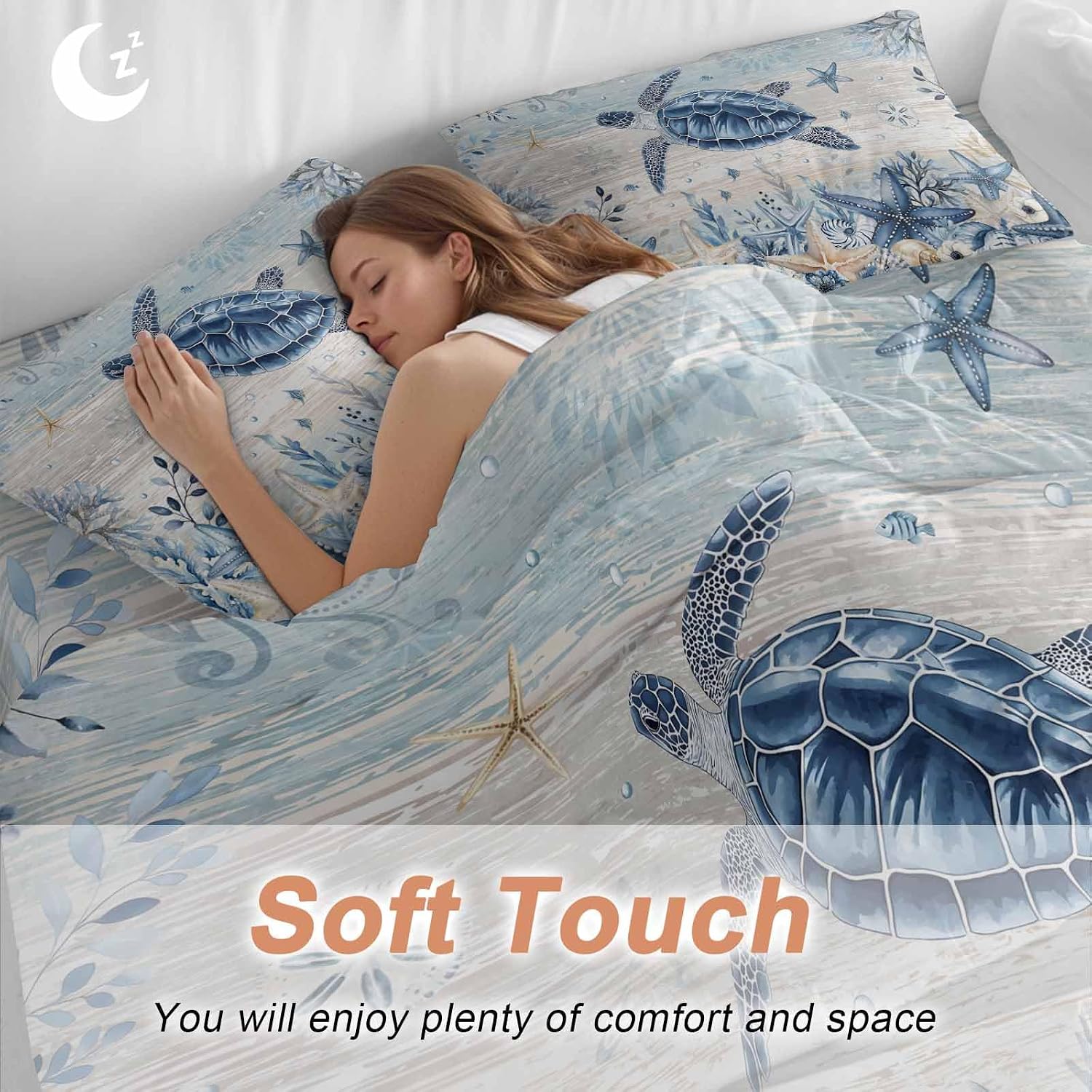 Ocean Turtles Duvet Cover Set Queen Size 4 Pieces Blue Yellow Sea Star Shell Coral Yellow Blue Stripes Bedding Set with Zipper Closure, 1 Comforter Cover 92x106 Inches 1 Flat Sheet & 2 Pillow Cases