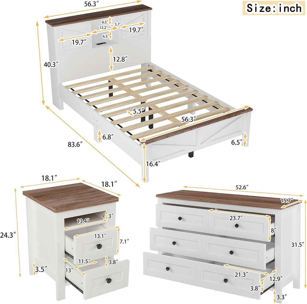 3PCS Bedroom Sets, Full Size Farmhouse Platform Bed with Double Sliding Door Storage Headboard, Cabinet & Nightstand, 3PCS Bedroom Sets with USB, for Kids, Adults, White