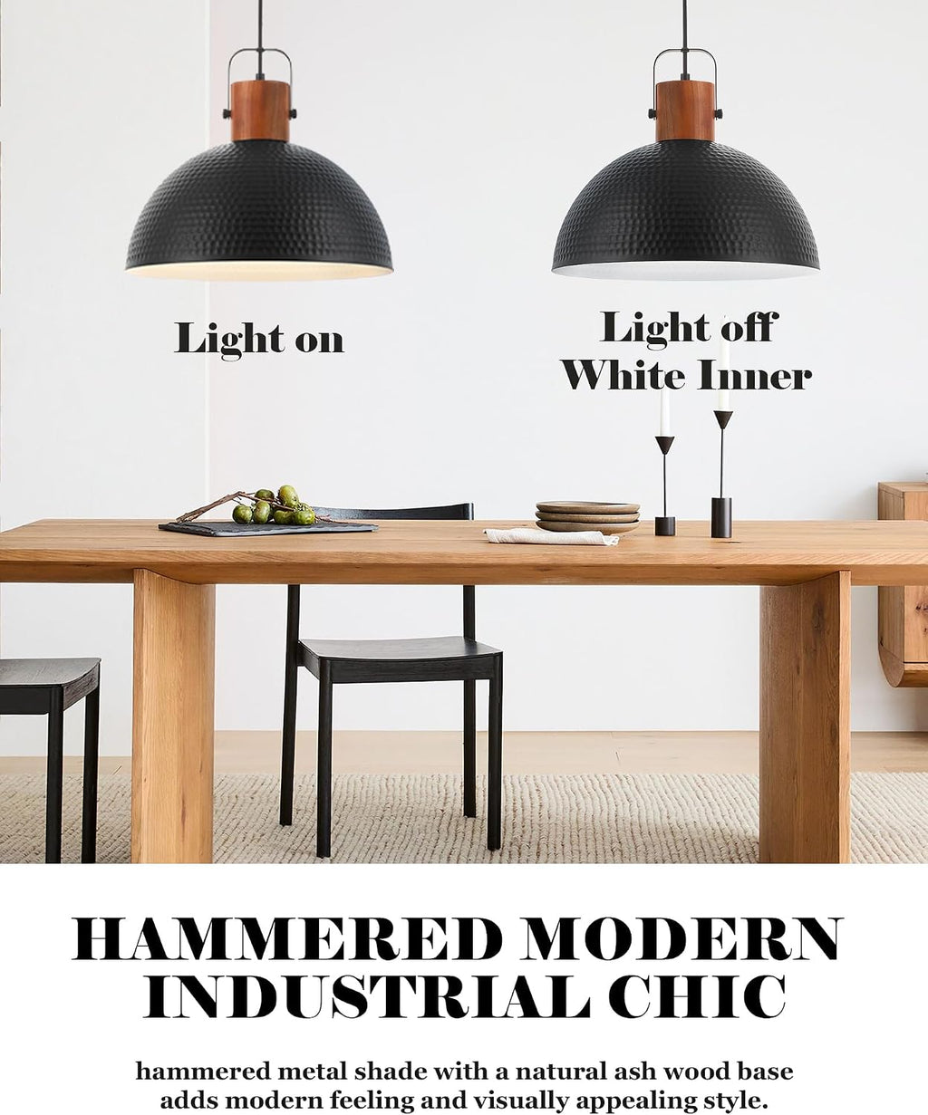 ELYONA 2 Pack Large Ash Wood Hammered Pendant Light Fixtures 16 Inch Metal Dome Ceiling Hanging Lamp, Industrial Kitchen Island Pendant Lighting for Farmhouse, Dining Room,Living Room, Black
