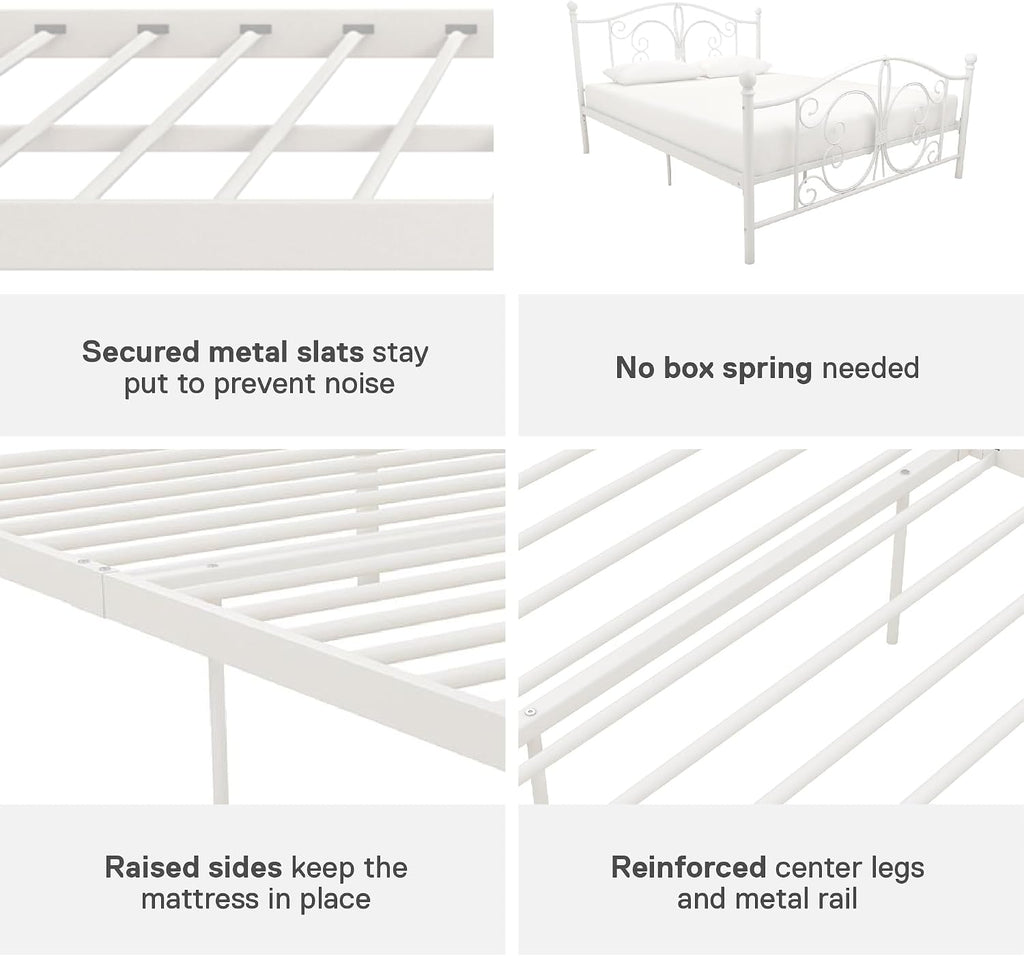 DHP Bombay Metal Platform Bed with Parisian Style Headboard and Footboard, Adjustable Base Height for Underbed Storage, No Box Spring Needed, Full, White