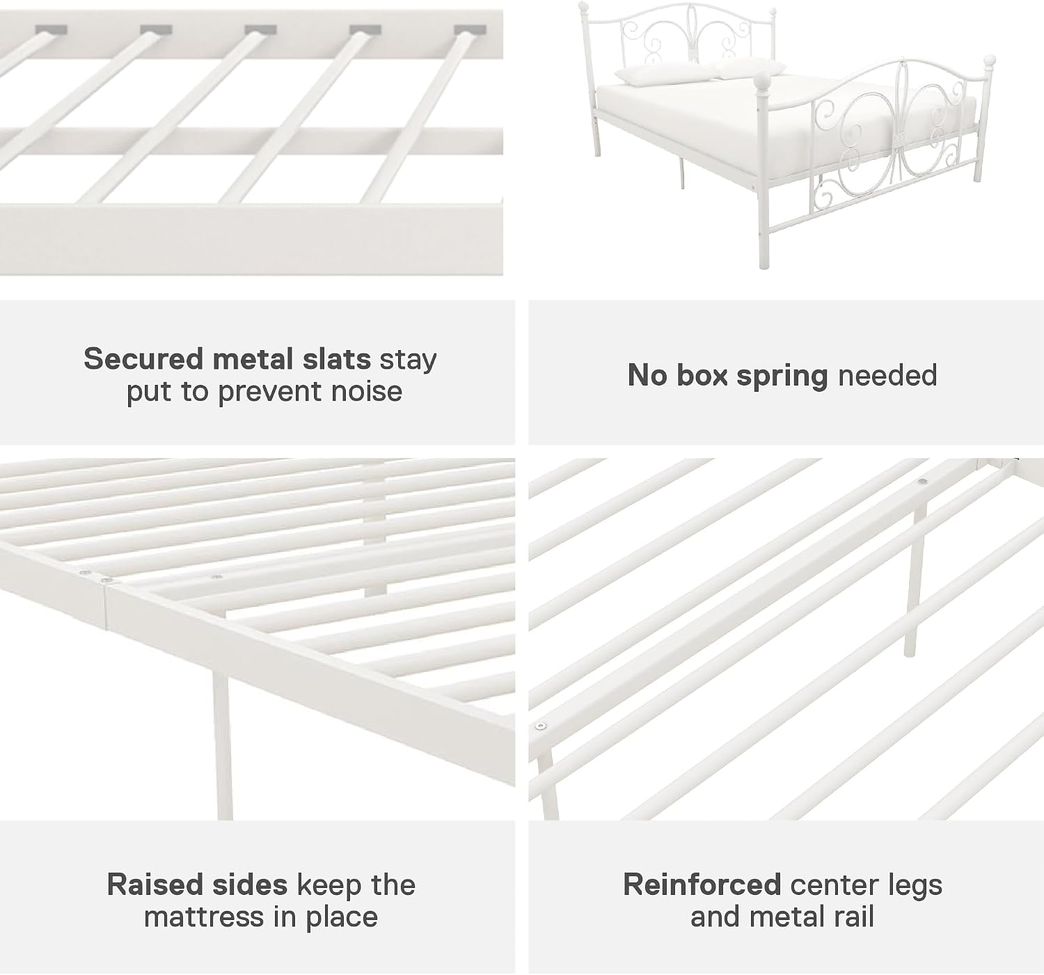 DHP Bombay Metal Platform Bed with Parisian Style Headboard and Footboard, Adjustable Base Height for Underbed Storage, No Box Spring Needed, Full, White