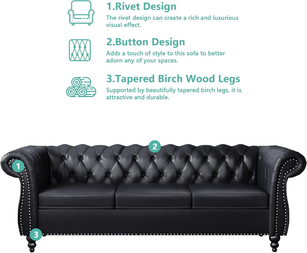 QHITTY Accent Large Sofa, Chesterfield Couch 3 Seater Modern Leather Couch Upholstered Sofa with Tufted Back for Living Room Furniture (Black)