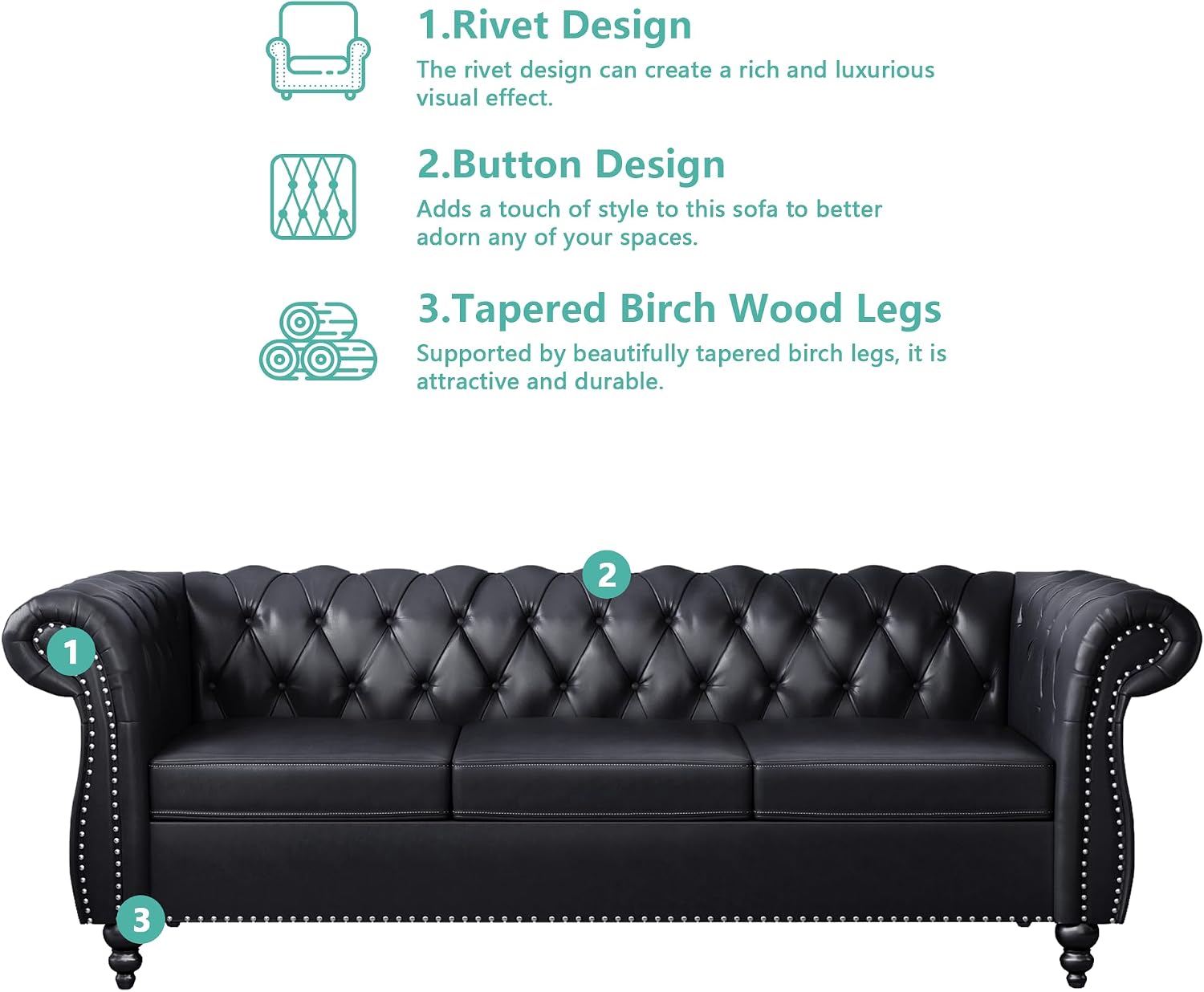 QHITTY Accent Large Sofa, Chesterfield Couch 3 Seater Modern Leather Couch Upholstered Sofa with Tufted Back for Living Room Furniture (Black)