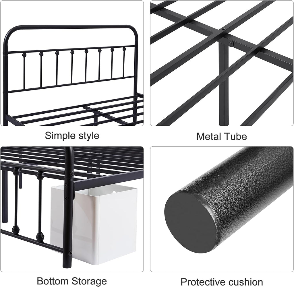 VECELO Full Size Victorian Style Metal Bed Frame with Headboard Classic Metal Platform Bed Frame Mattress Foundation with Footboard/Under Bed Storage/No Box Spring Black