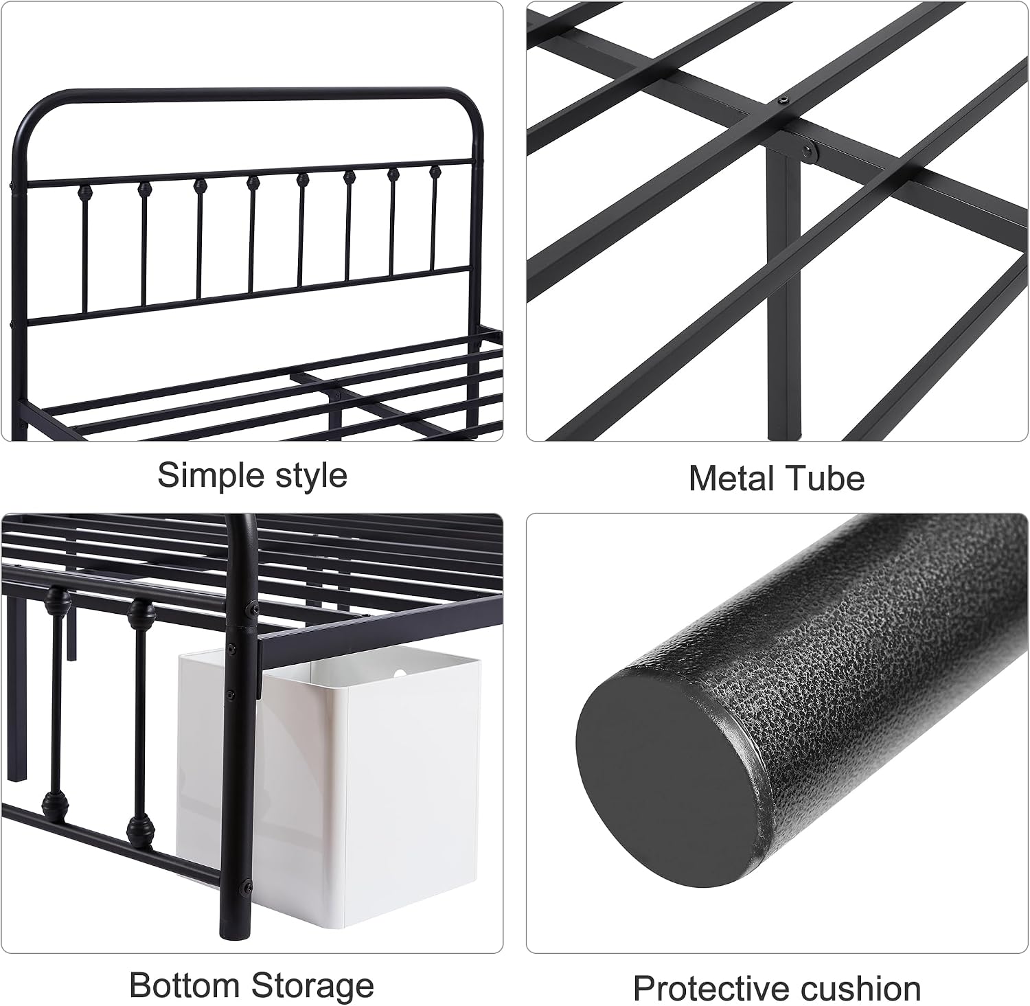 VECELO Queen Size Victorian Style Metal Bed Frame with Headboard Classic Metal Platform Bed Frame Mattress Foundation with Footboard/Under Bed Storage/No Box Spring Black