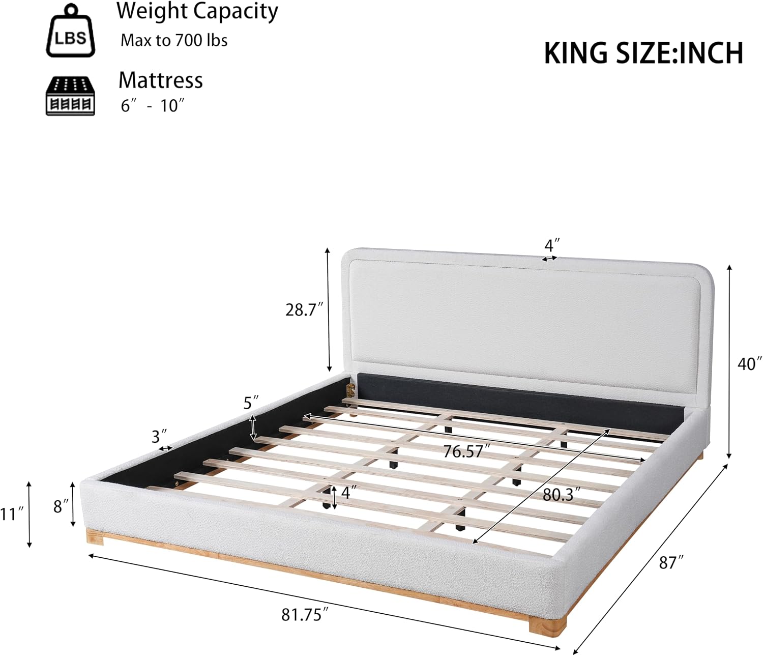 Christopher Knight Home Robey King Size Platform Bed Frame, Boucle Fabric King Size Bed Frame and Headboard, Modern King Bed Set, Wooden Slat Support, No Box Spring Needed, Easy Assembly, White