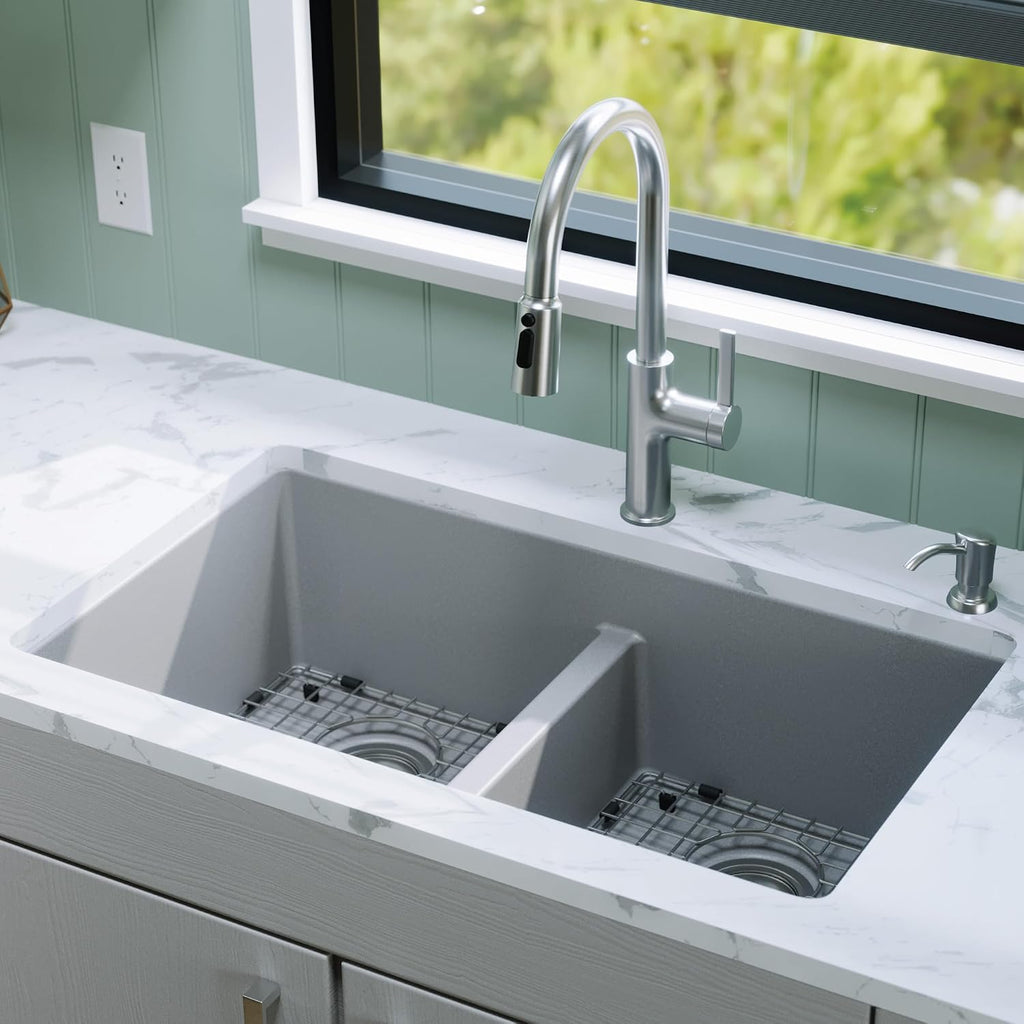 Karran QU-810 32' Undermount Double Equal Bowl Quartz Kitchen Sink Kit in Grey