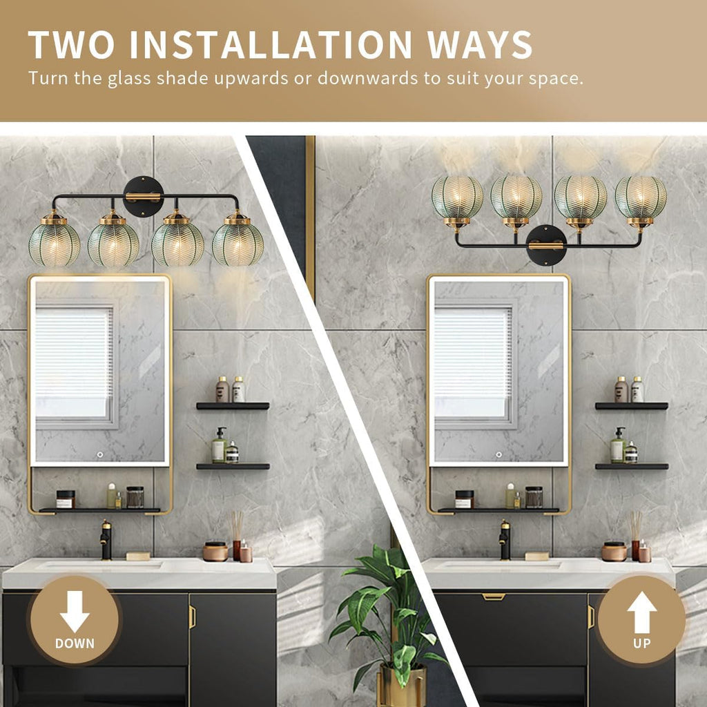 4-Lights Bathroom Light fixtures Glass Vanity Light Green Bathroom Sconce Mid Century Modern Wall Lamp,Black Gold Art Deco Vanity Light for Over Mirror Bedroom Hallway Dining Room
