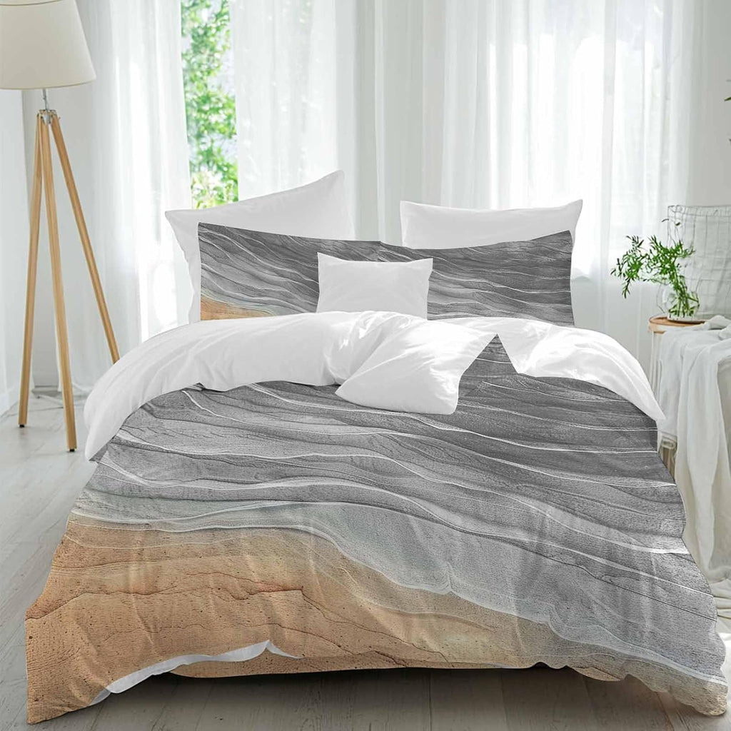 Prime Leader Abstract Grey Duvet Cover Set Queen Size 4 Pieces Ocean Beach Waves Lines Gradient Bedding Set with Zipper Closure, 1 Comforter Cover 86x86 Inches 1 Flat Sheet & 2 Pillow Cases